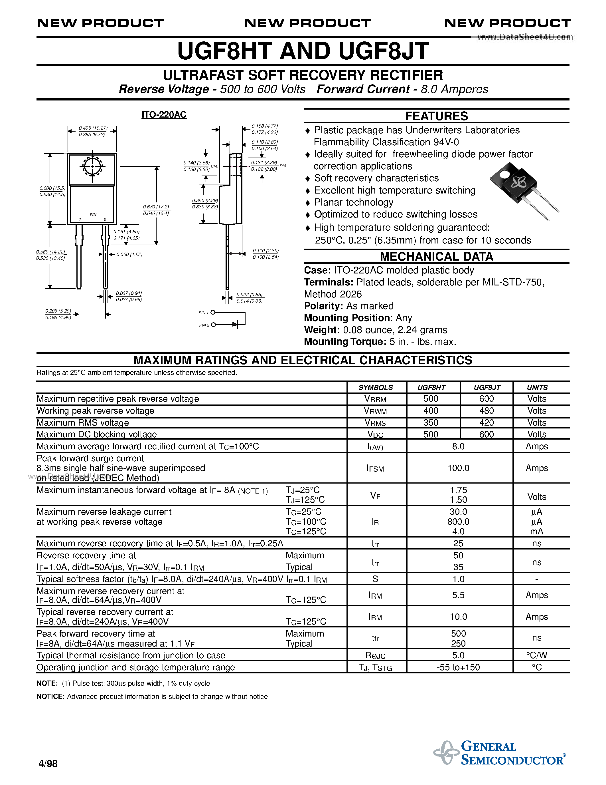 Datasheet UGF8HT - ULTRAFAST SOFT RECOVERY RECTIFIER page 1
