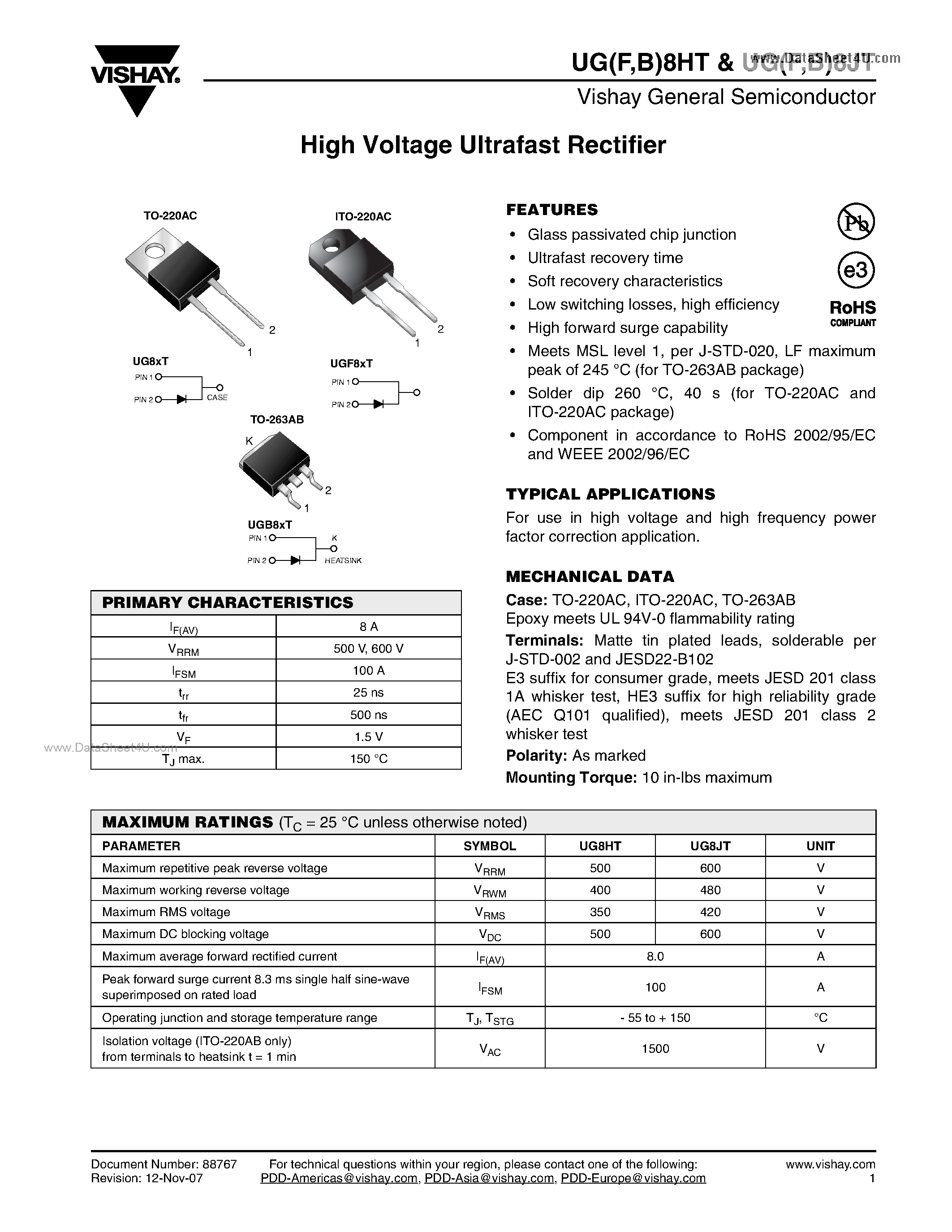 Datasheet UGF8HT page 1 Datasheet UGF8HT - High Voltage Ultrafast Rectifier page 1