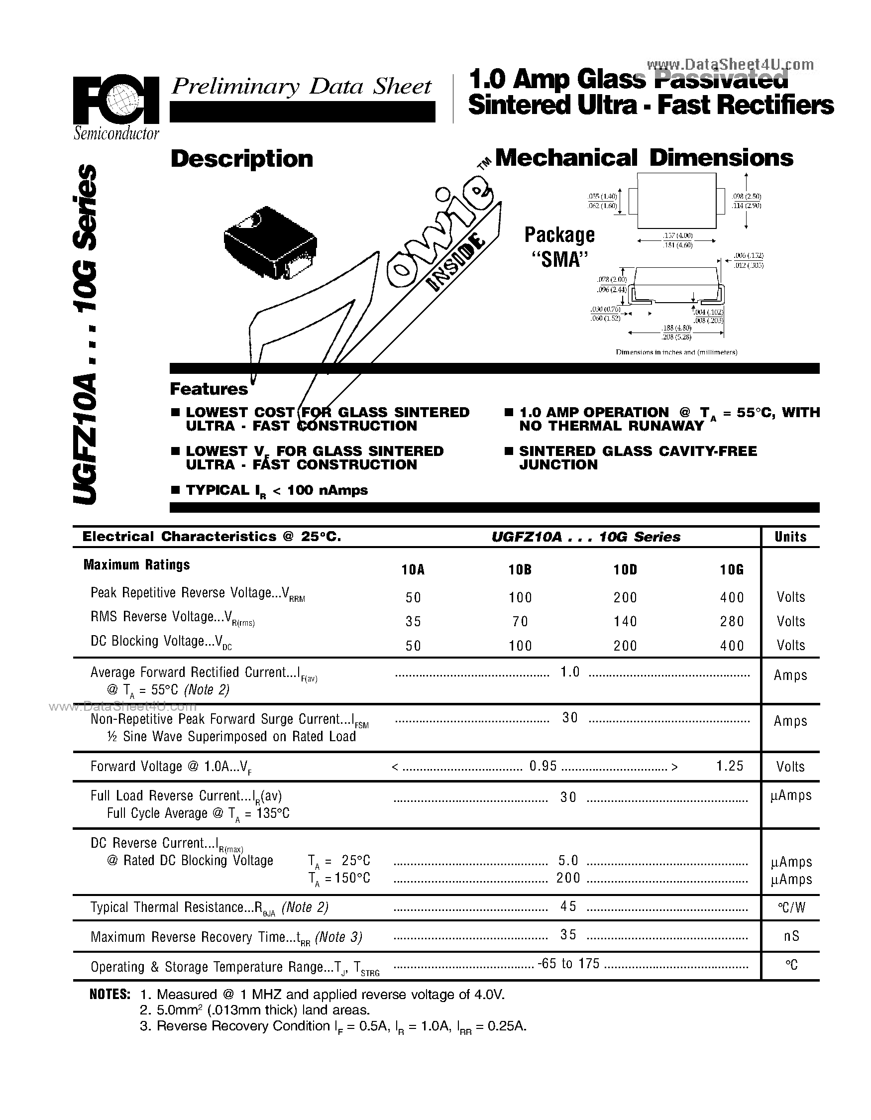 Datasheet UGFZ10A page 1 Datasheet UGFZ10A - 1.0 Amp Glass Passivated Sintered Ultra - Fast Rectifiers page 1