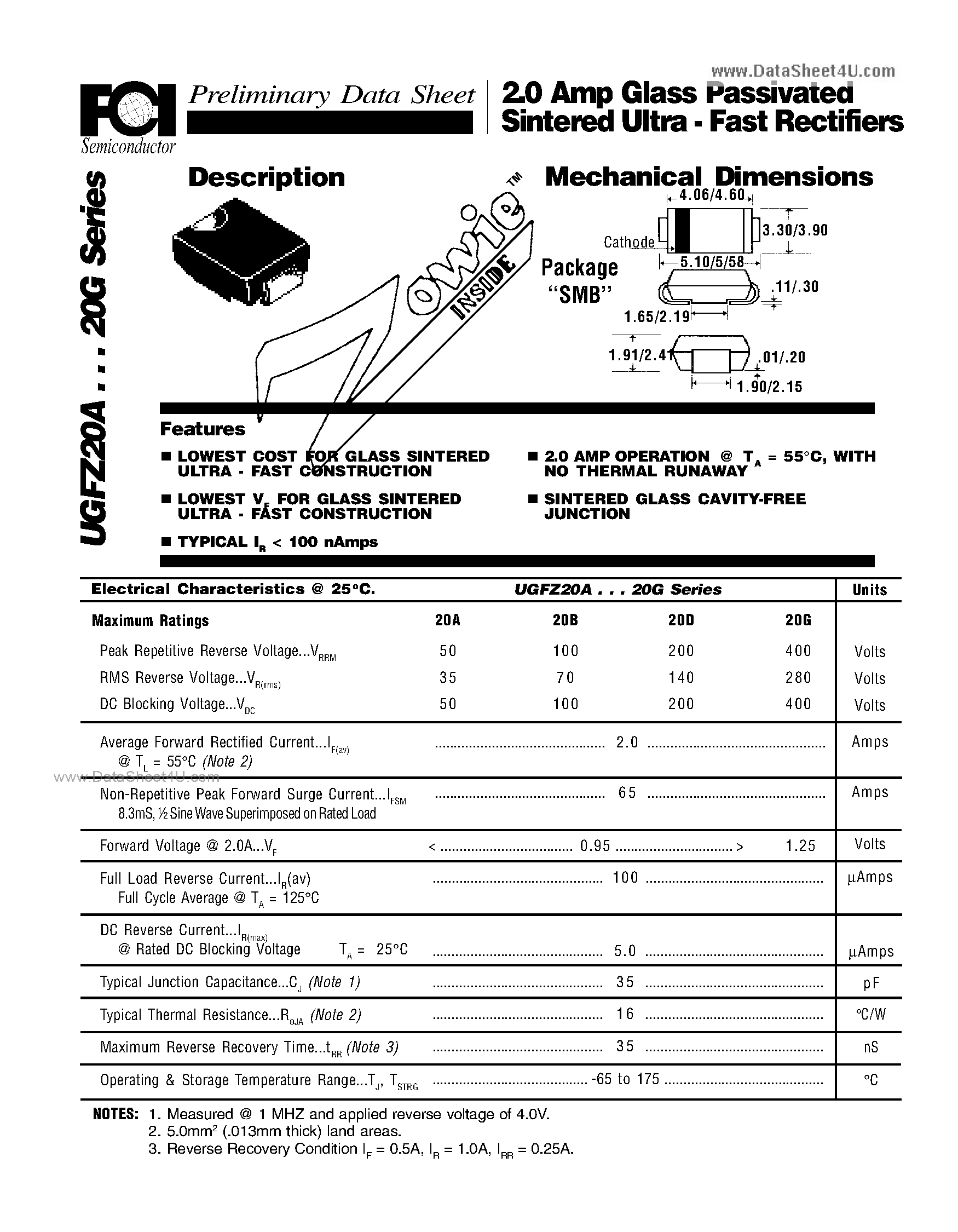 Datasheet UGFZ20A page 1 Datasheet UGFZ20A - 2.0 Amp Glass Passivated Sintered Ultra - Fast Rectifiers page 1