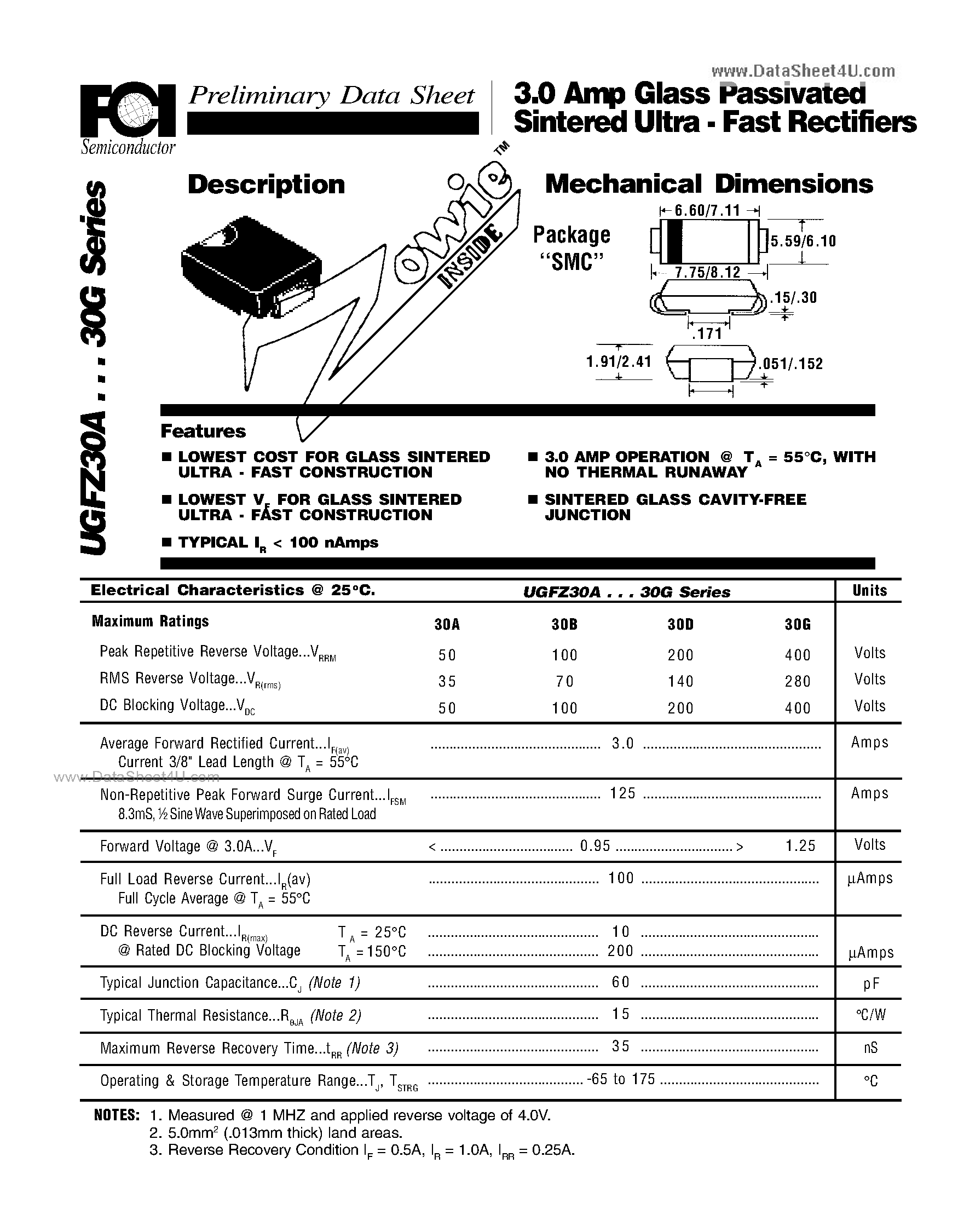 Datasheet UGFZ30A page 1 Datasheet UGFZ30A - 3.0 Amp Glass Passivated Sintered Ultra - Fast Rectifiers page 1