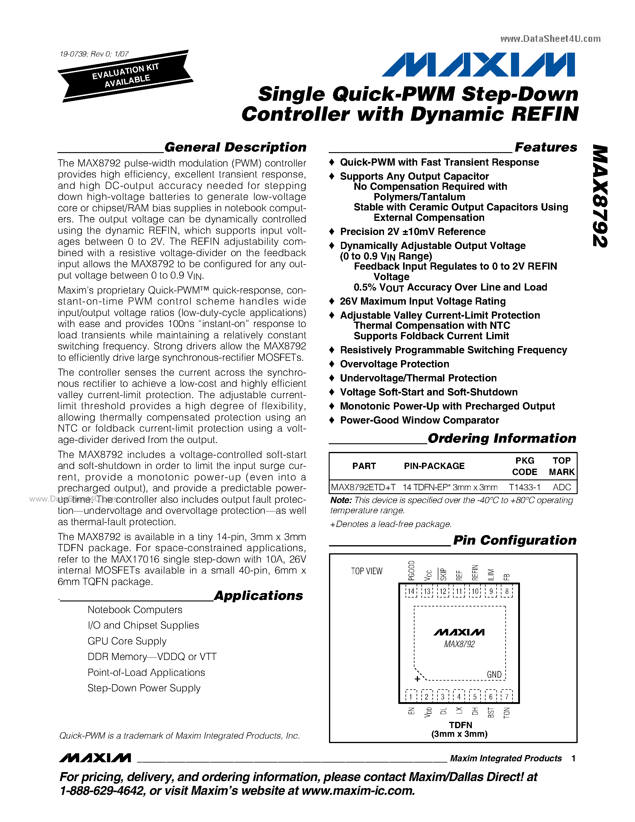 Datasheet MAX8792 - Single Quick-PWM Step-Down Controller page 1