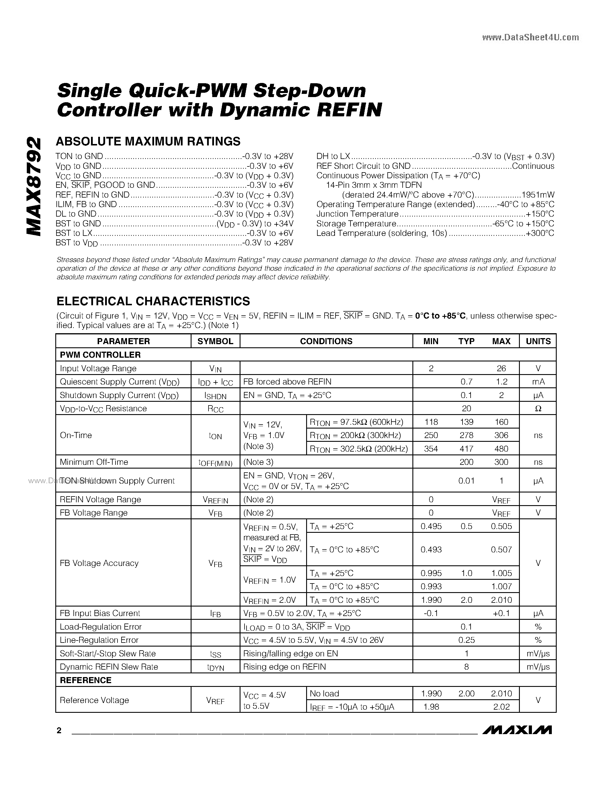 Datasheet MAX8792 - Single Quick-PWM Step-Down Controller page 2
