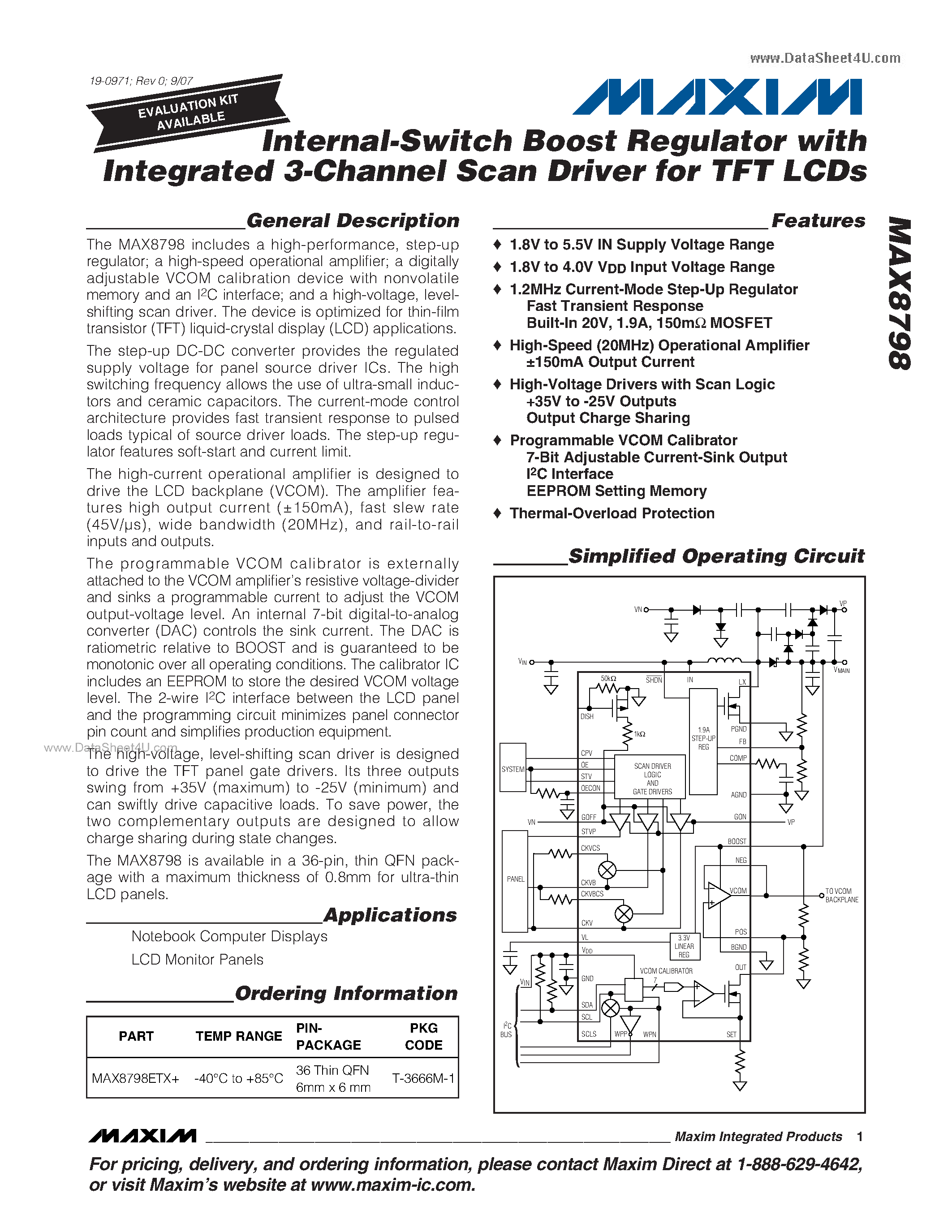 Datasheet MAX8798 - Internal-Switch Boost Regulator page 1