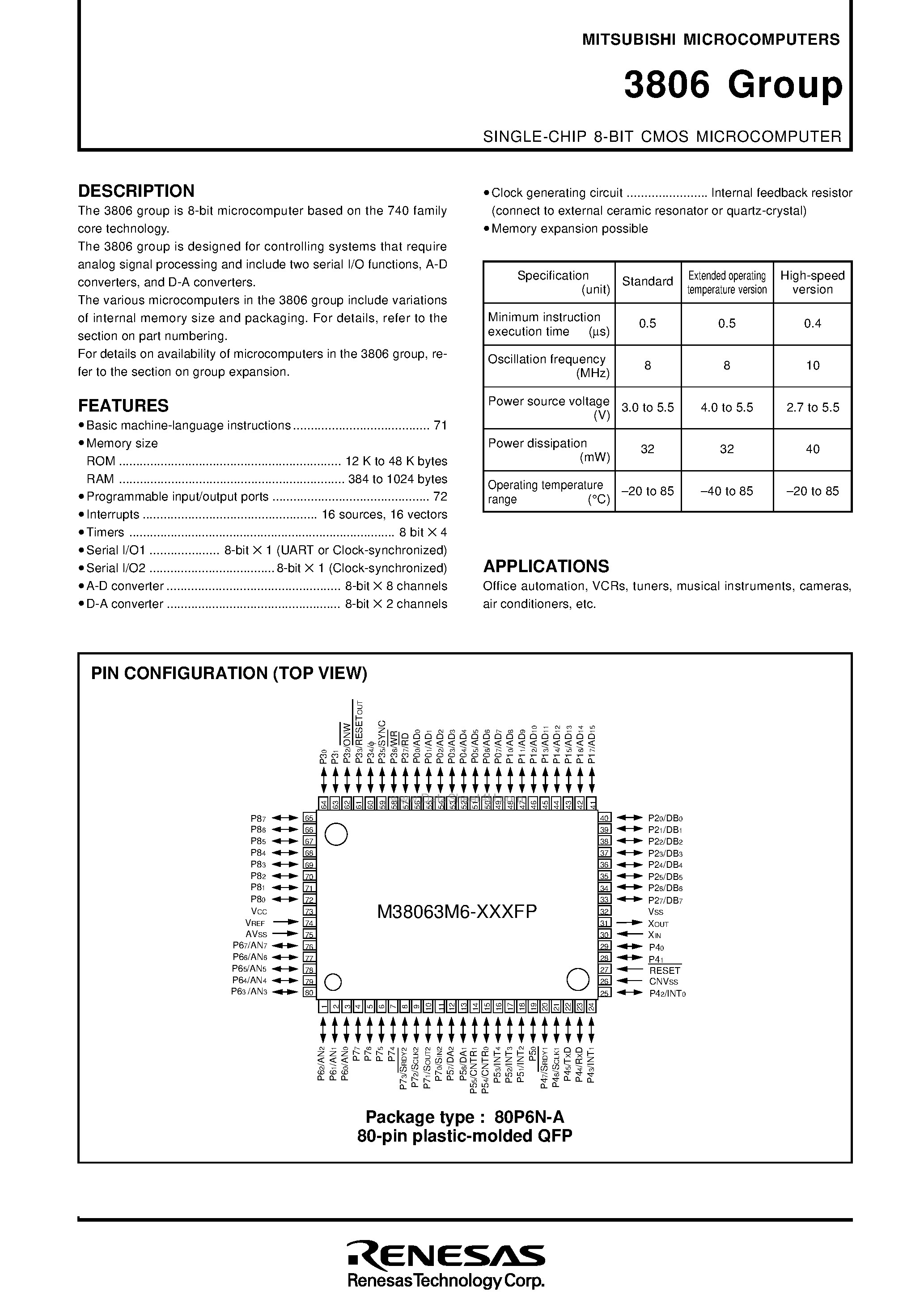 Datasheet M3806 - SINGLE-CHIP 8-BIT CMOS MICROCOMPUTER page 2