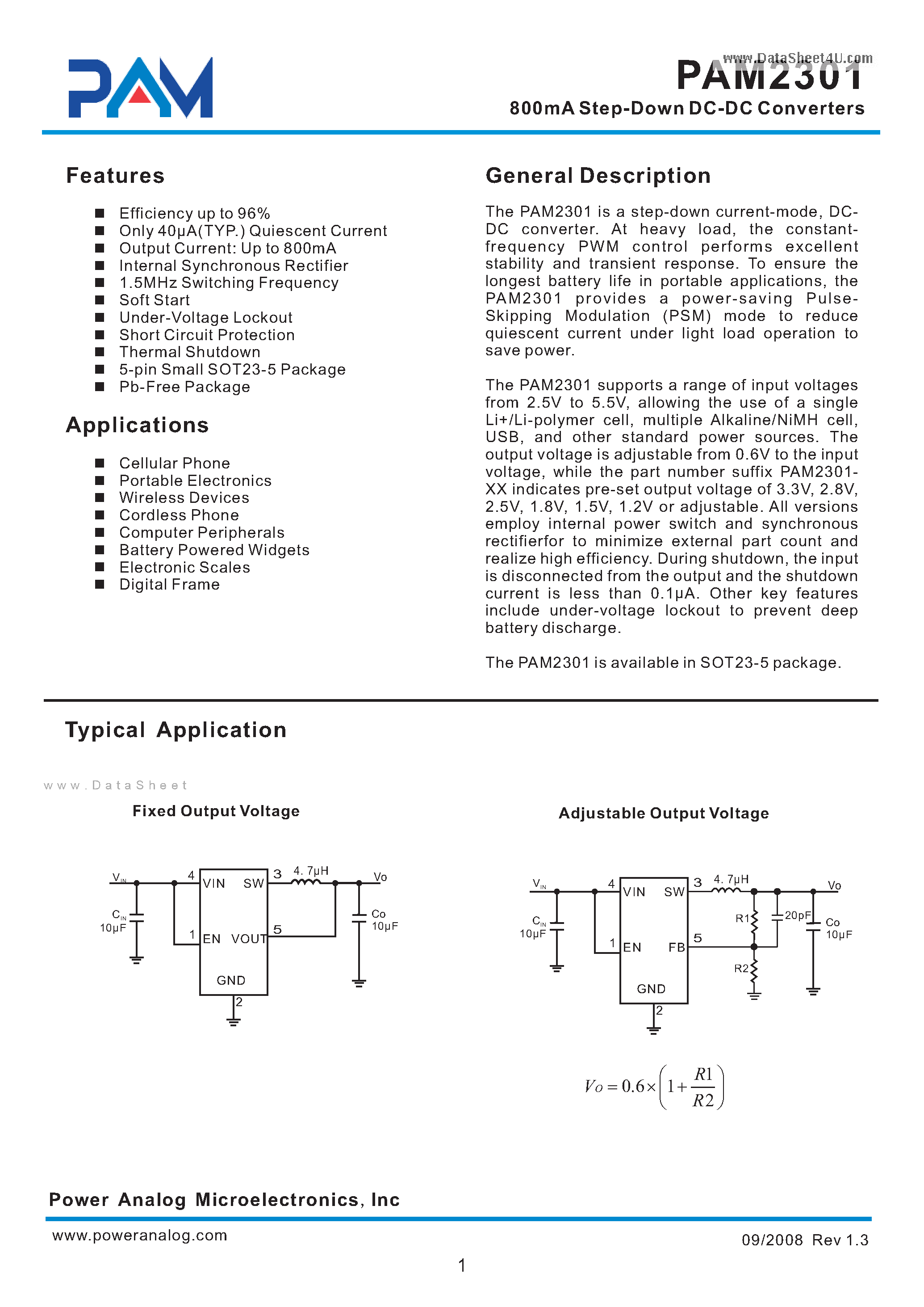 Datasheet PAM2301 page 1 Datasheet PAM2301 - 800mA Step-Down DC-DC Converters page 1