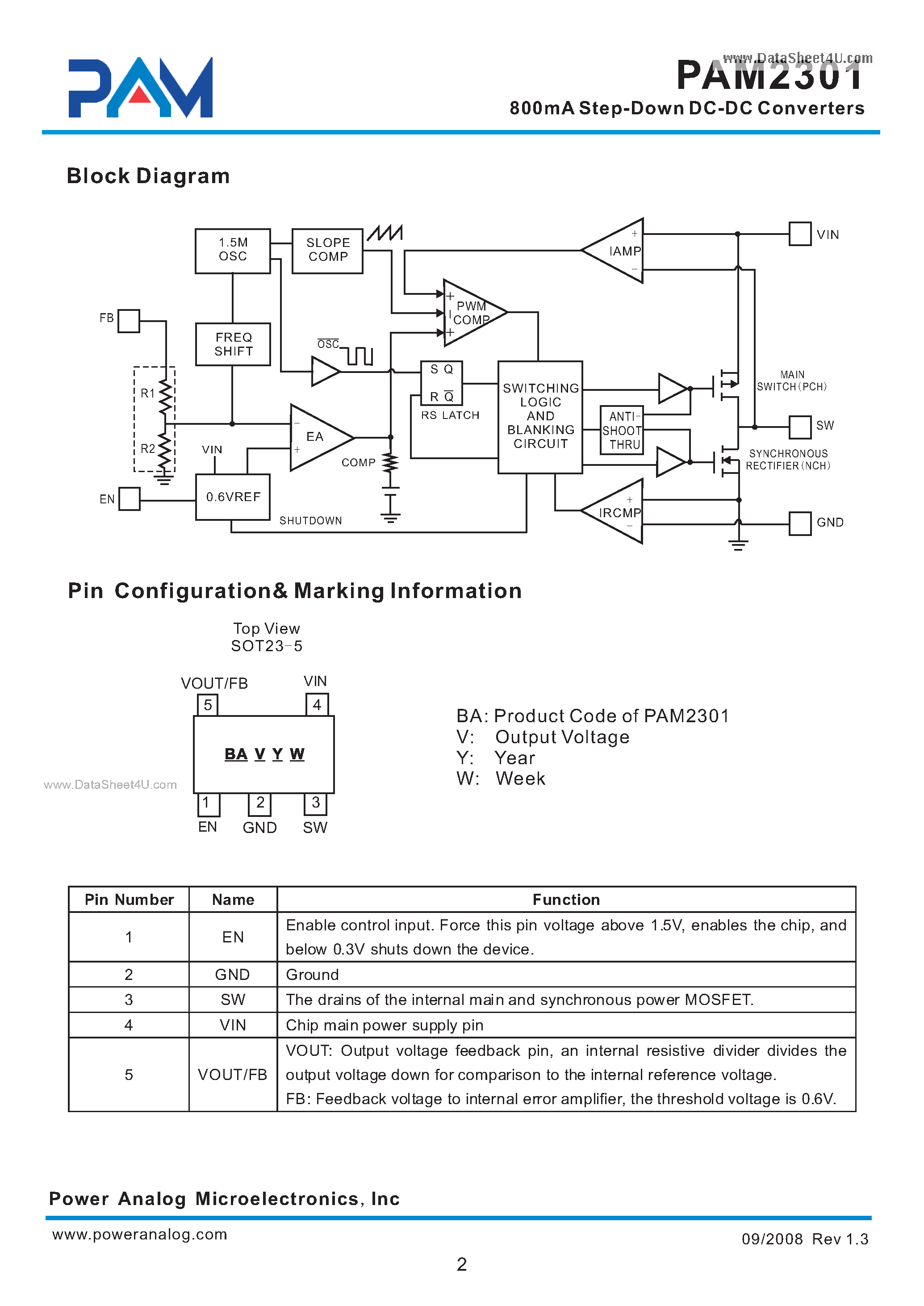 Datasheet PAM2301 page 2 Datasheet PAM2301 - 800mA Step-Down DC-DC Converters page 2