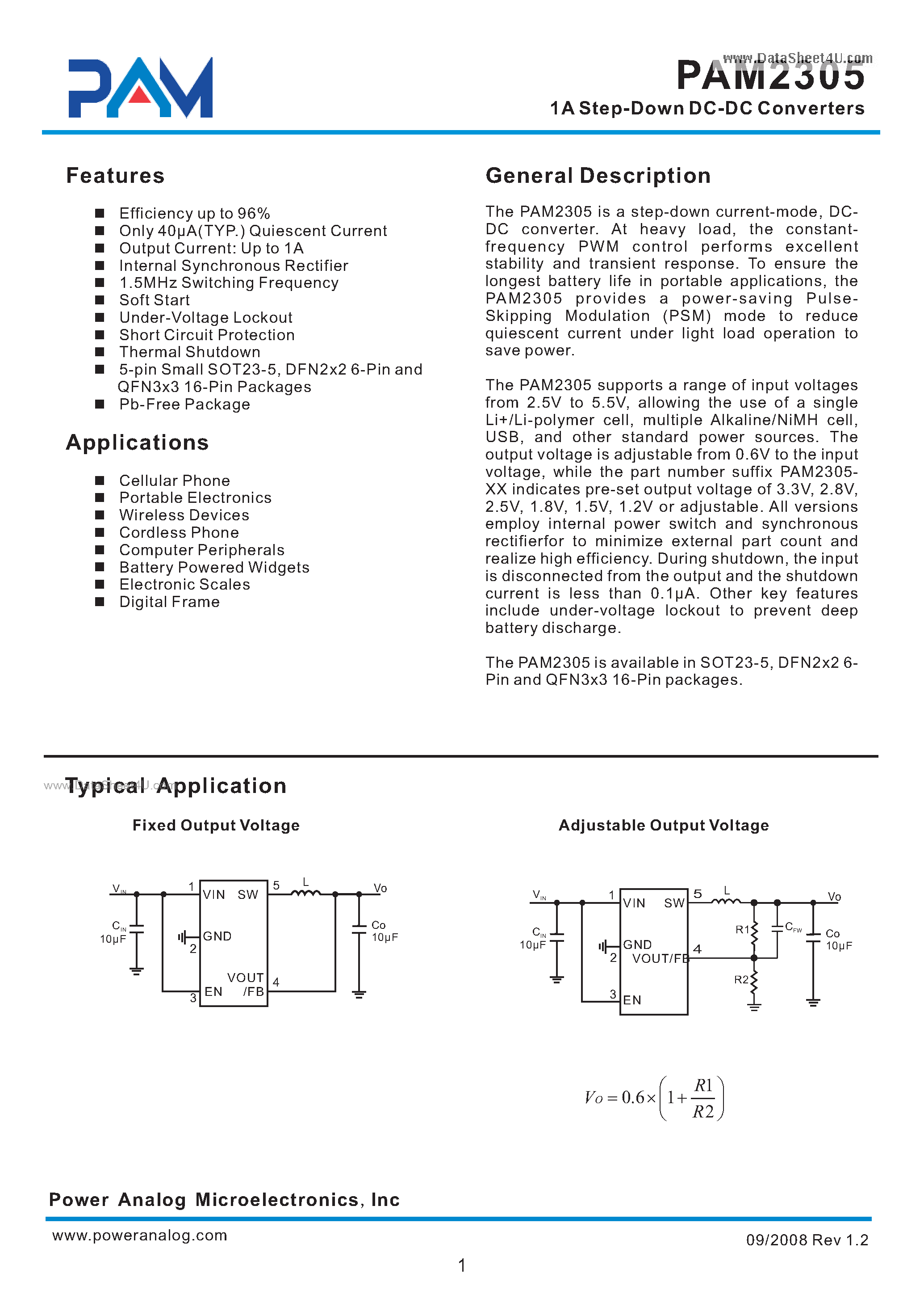 Datasheet PAM2305 - 1A Step-Down DC-DC Converters page 1