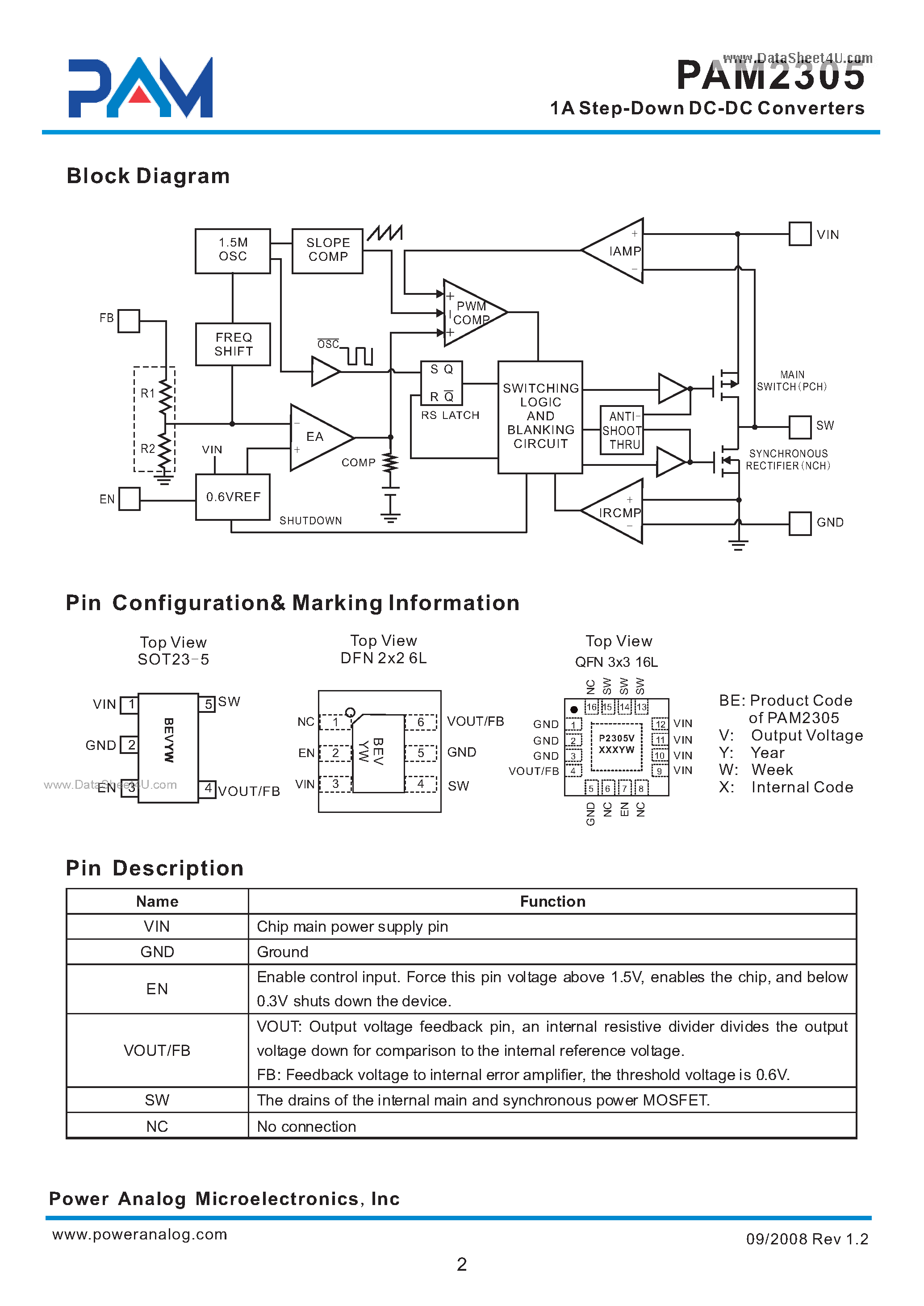 Datasheet PAM2305 - 1A Step-Down DC-DC Converters page 2