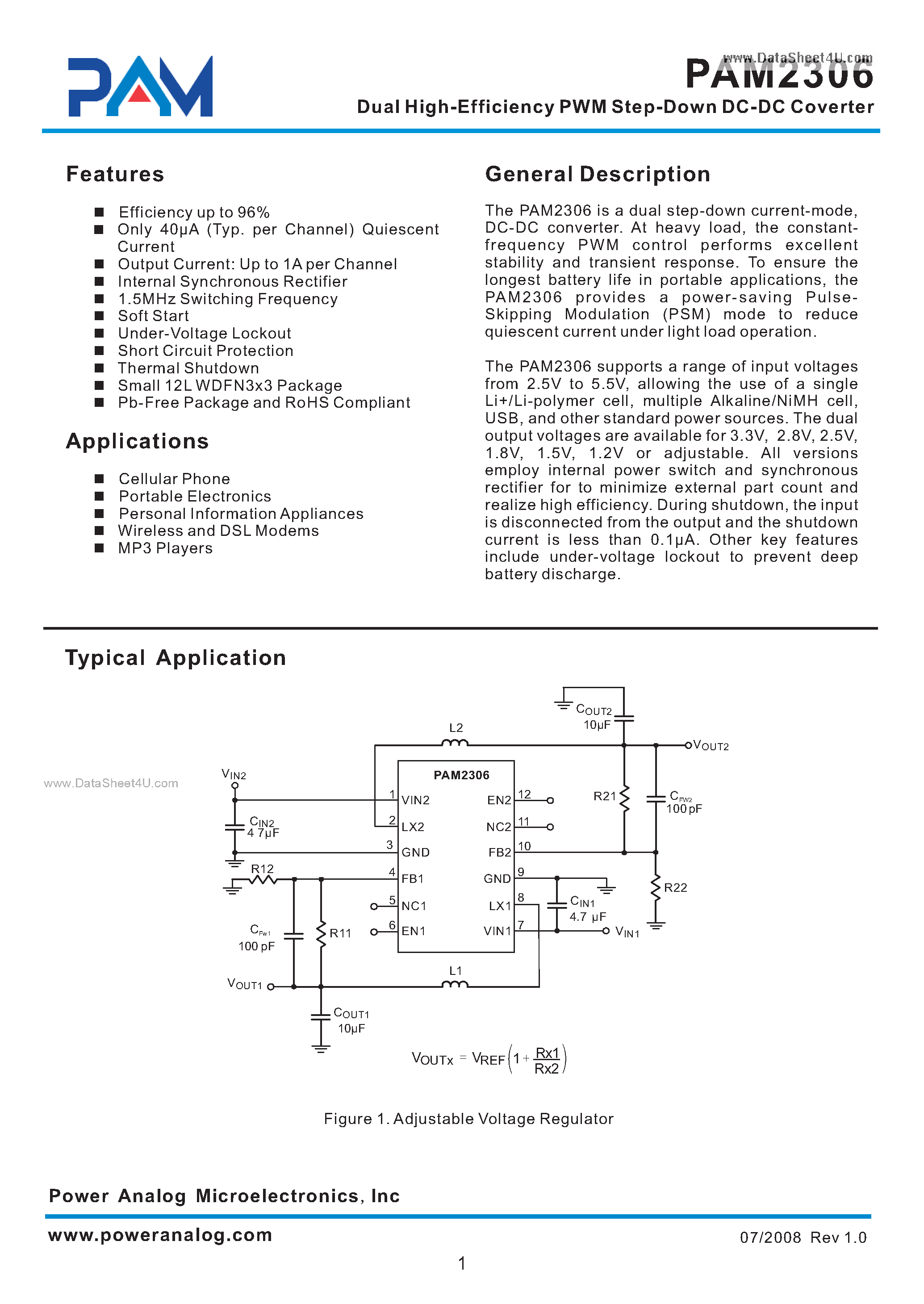 Datasheet PAM2306 - Dual High-Efficiency PWM Step-Down DC-DC Coverter page 1