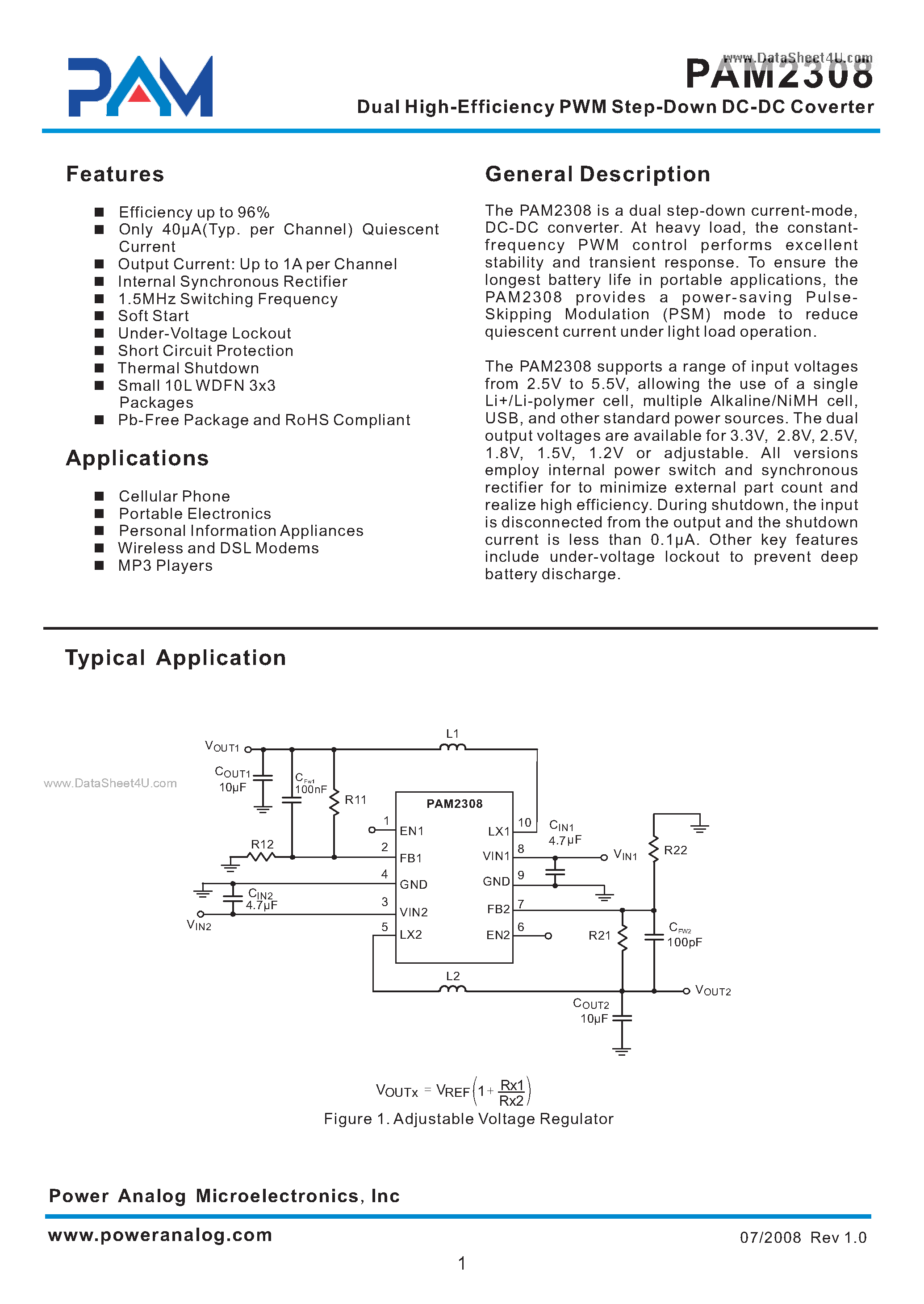Datasheet PAM2308 - Dual High-Efficiency PWM Step-Down DC-DC Coverter page 1