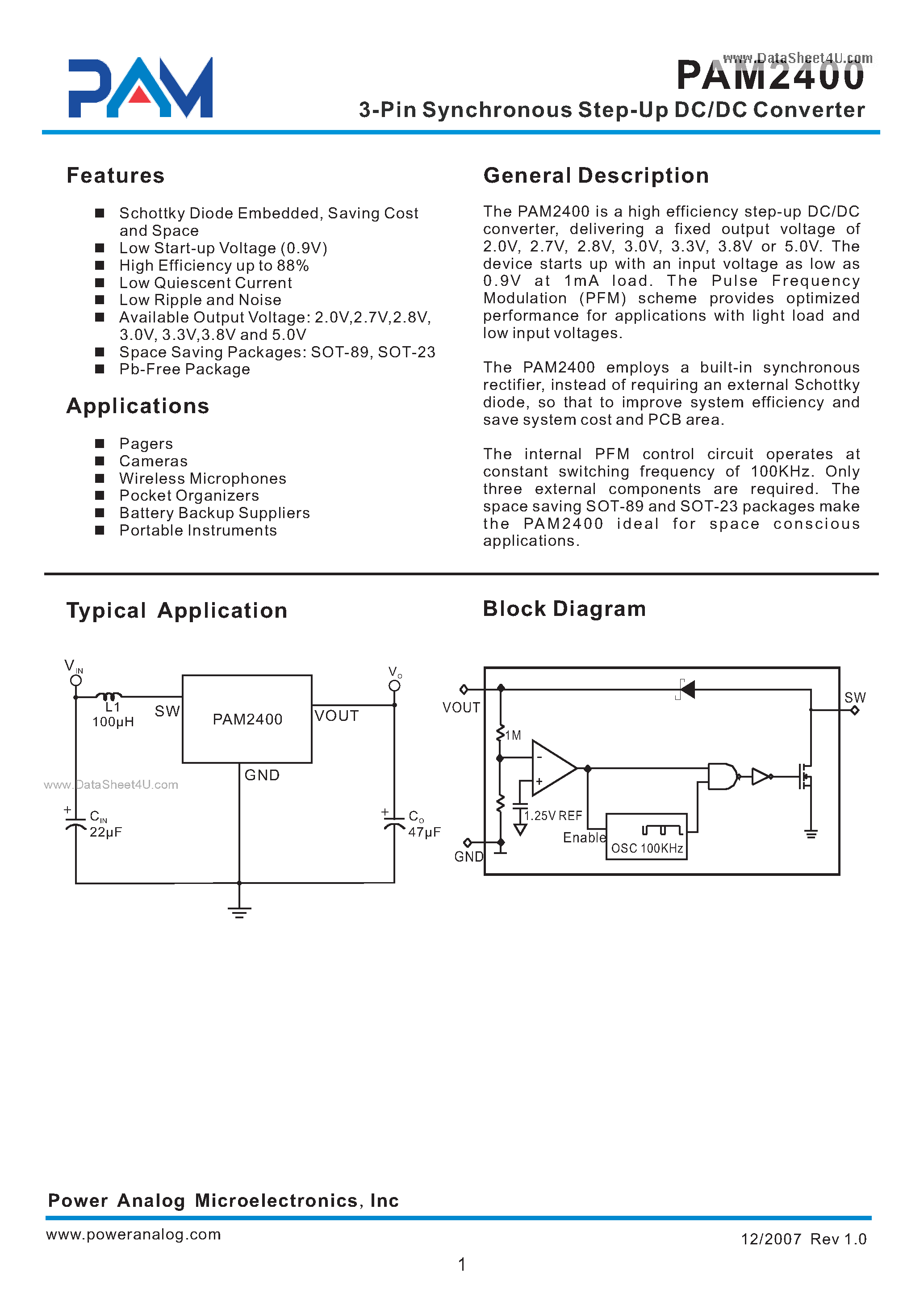 Datasheet PAM2400 - 3-Pin Synchronous Step-Up DC/DC Converter page 1