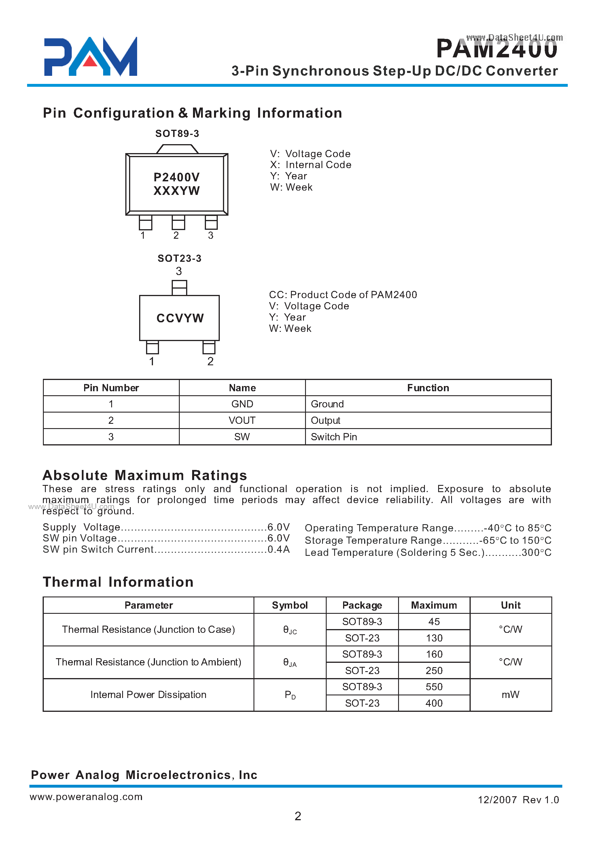 Datasheet PAM2400 - 3-Pin Synchronous Step-Up DC/DC Converter page 2