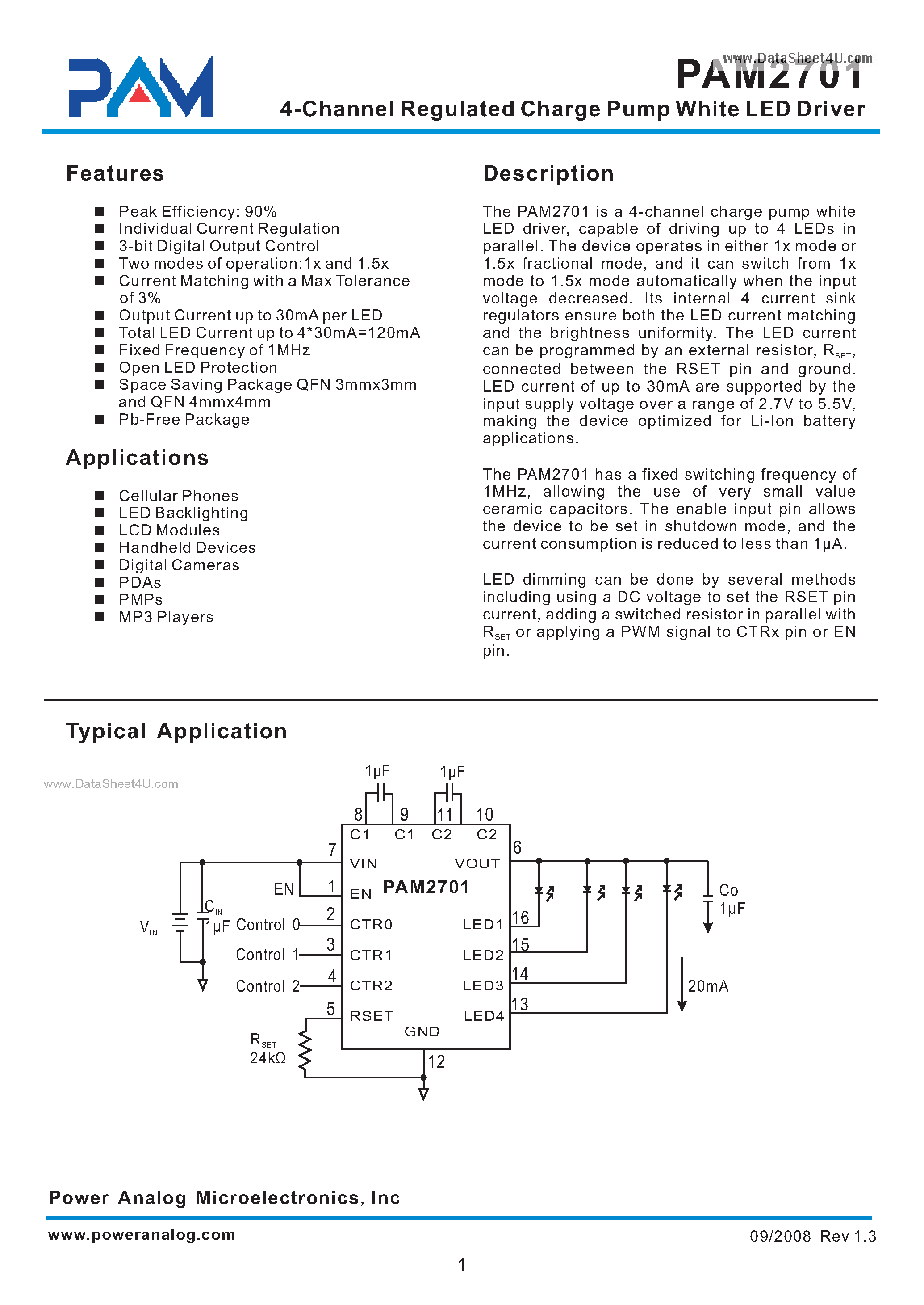 Datasheet PAM2701 - 4-Channel Regulated Charge Pump White LED Driver page 1