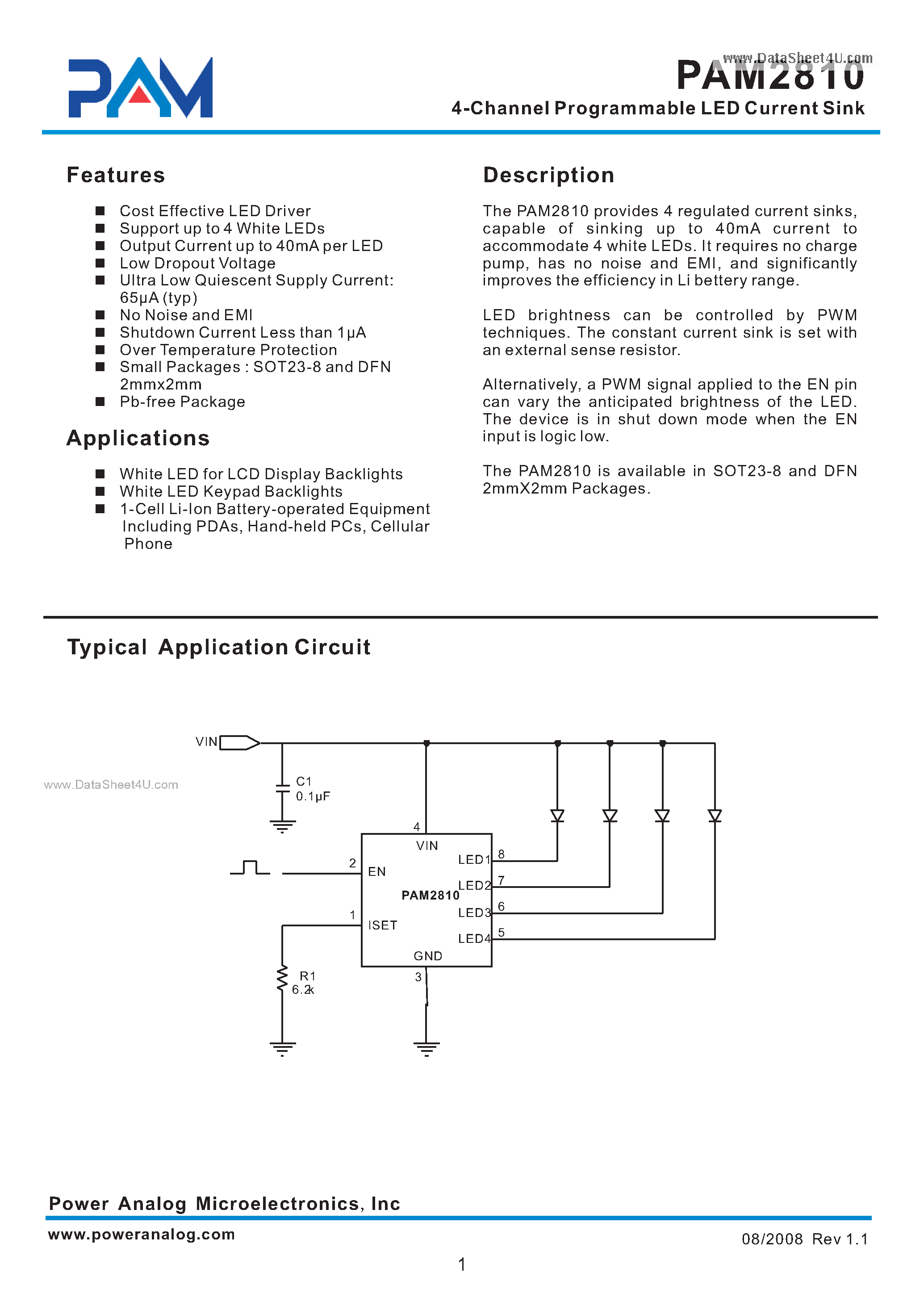 Datasheet PAM2810 - 4-Channel Programmable LED Current Sink page 1