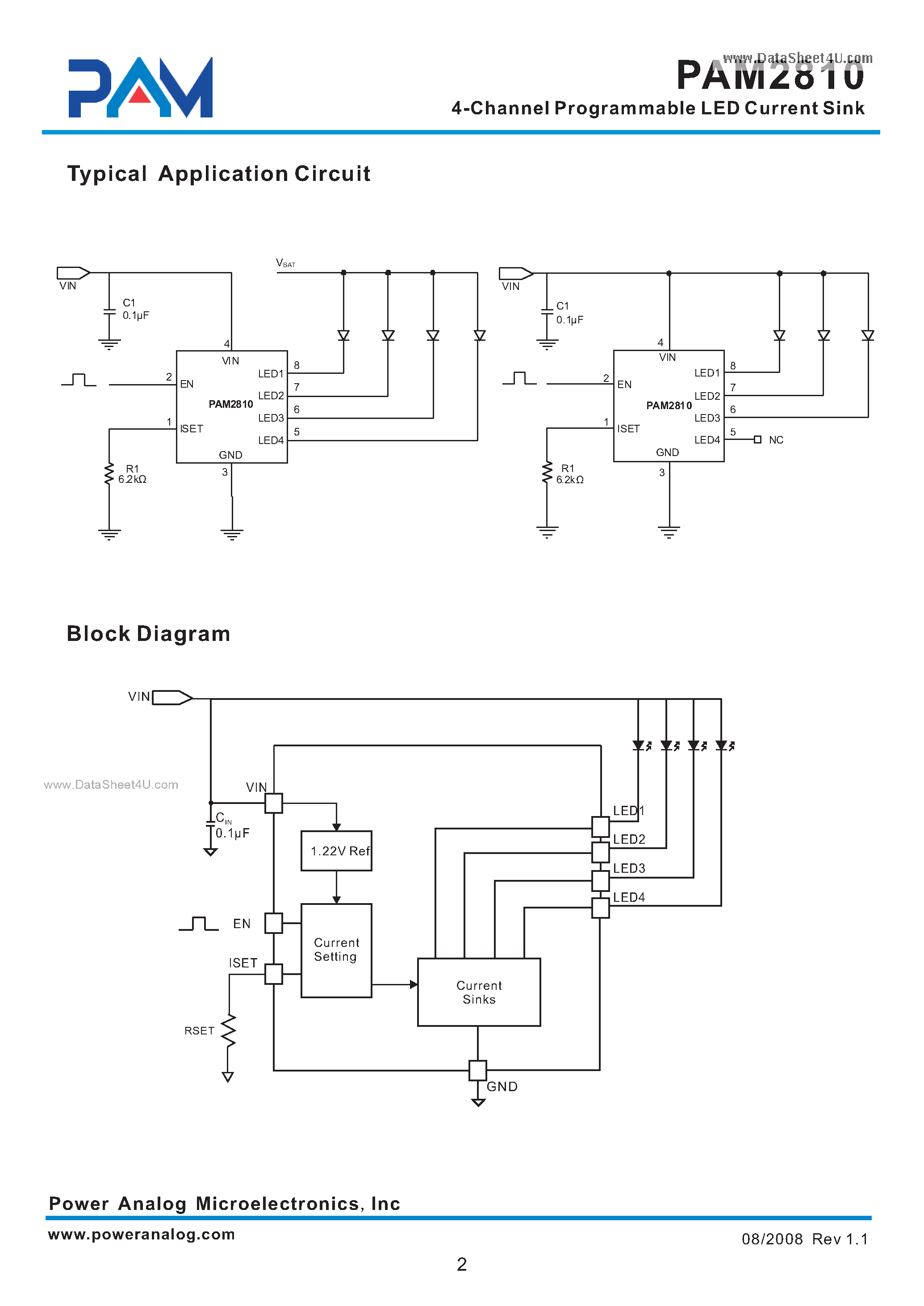 Datasheet PAM2810 - 4-Channel Programmable LED Current Sink page 2