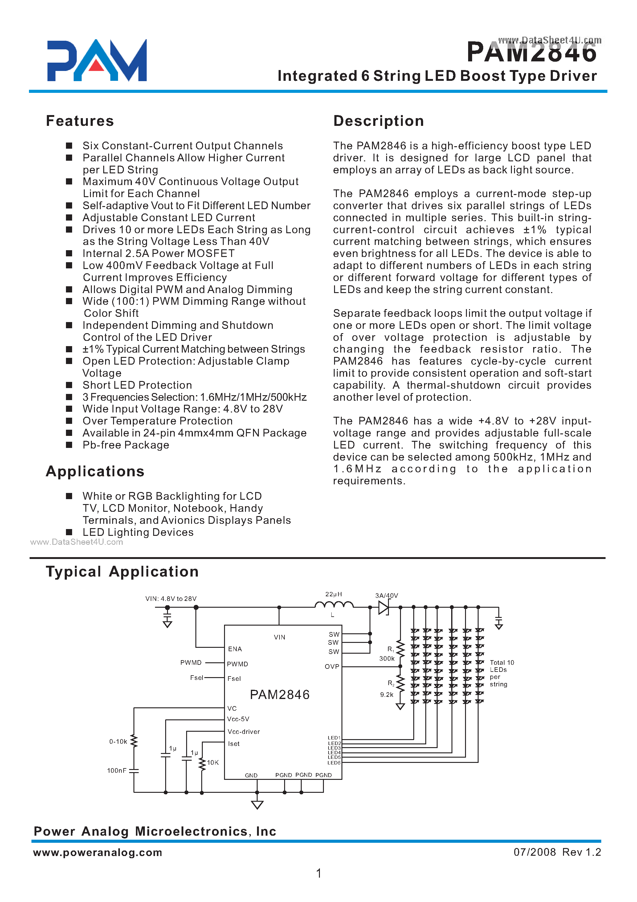 Datasheet PAM2846 - Integrated 6 String LED Boost Type Driver page 1