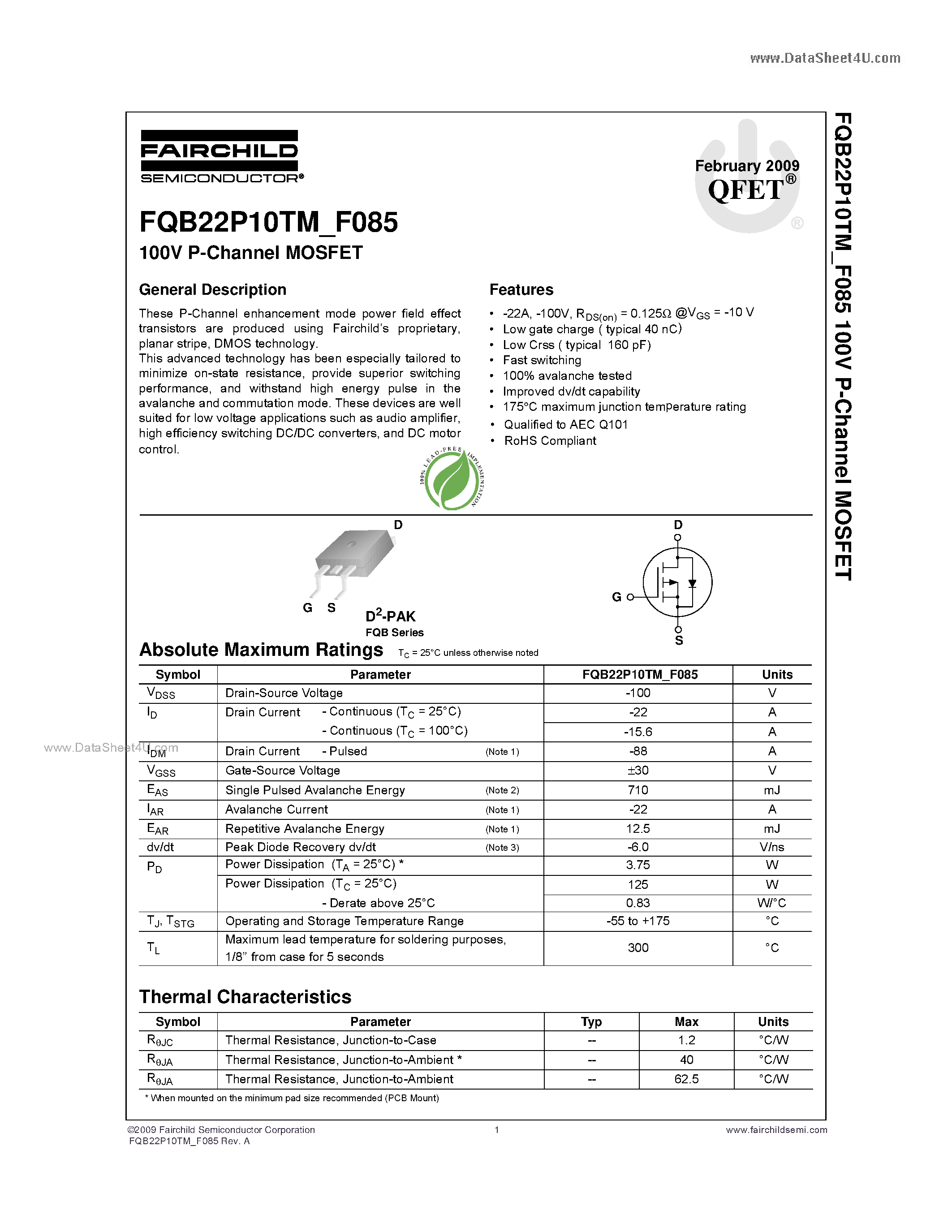 Datasheet FQB22P10TM_F085 page 1 Datasheet FQB22P10TM_F085 - 100V P-Channel MOSFET page 1