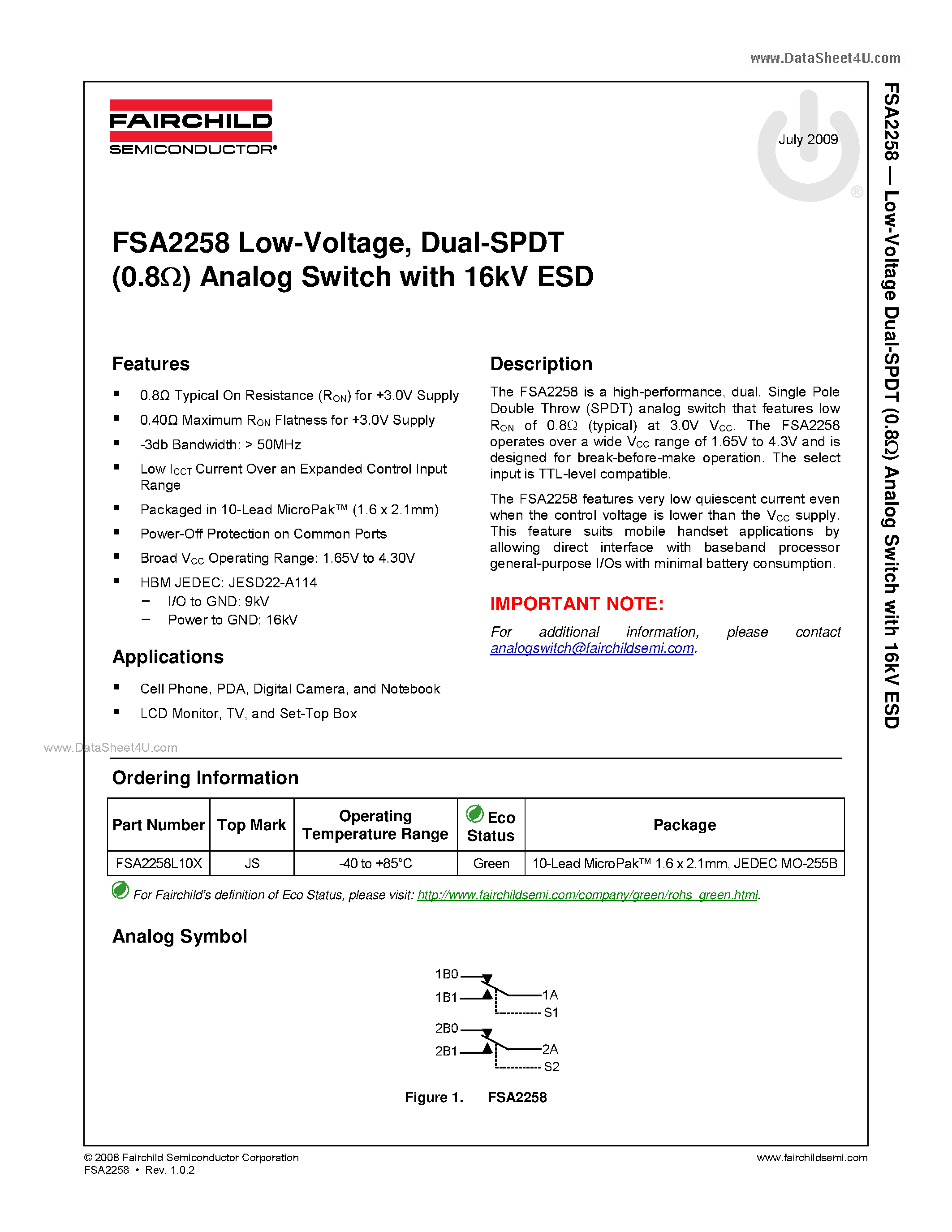 Даташит на микросхему FSA2258 страница 1 Даташит FSA2258 - Dual-SPDT Analog Switch страница 1