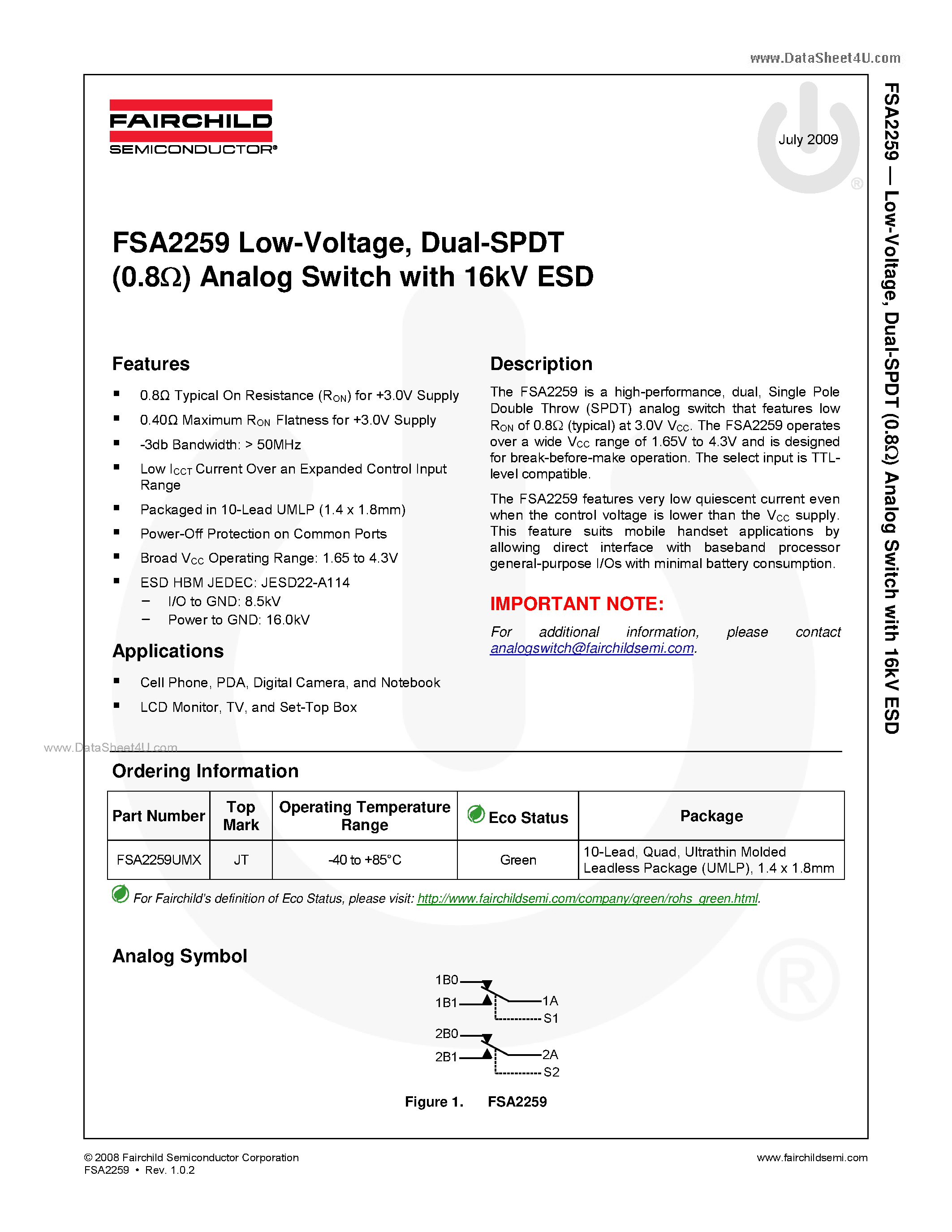 Даташит на микросхему FSA2259 страница 1 Даташит FSA2259 - Dual-SPDT Analog Switch страница 1
