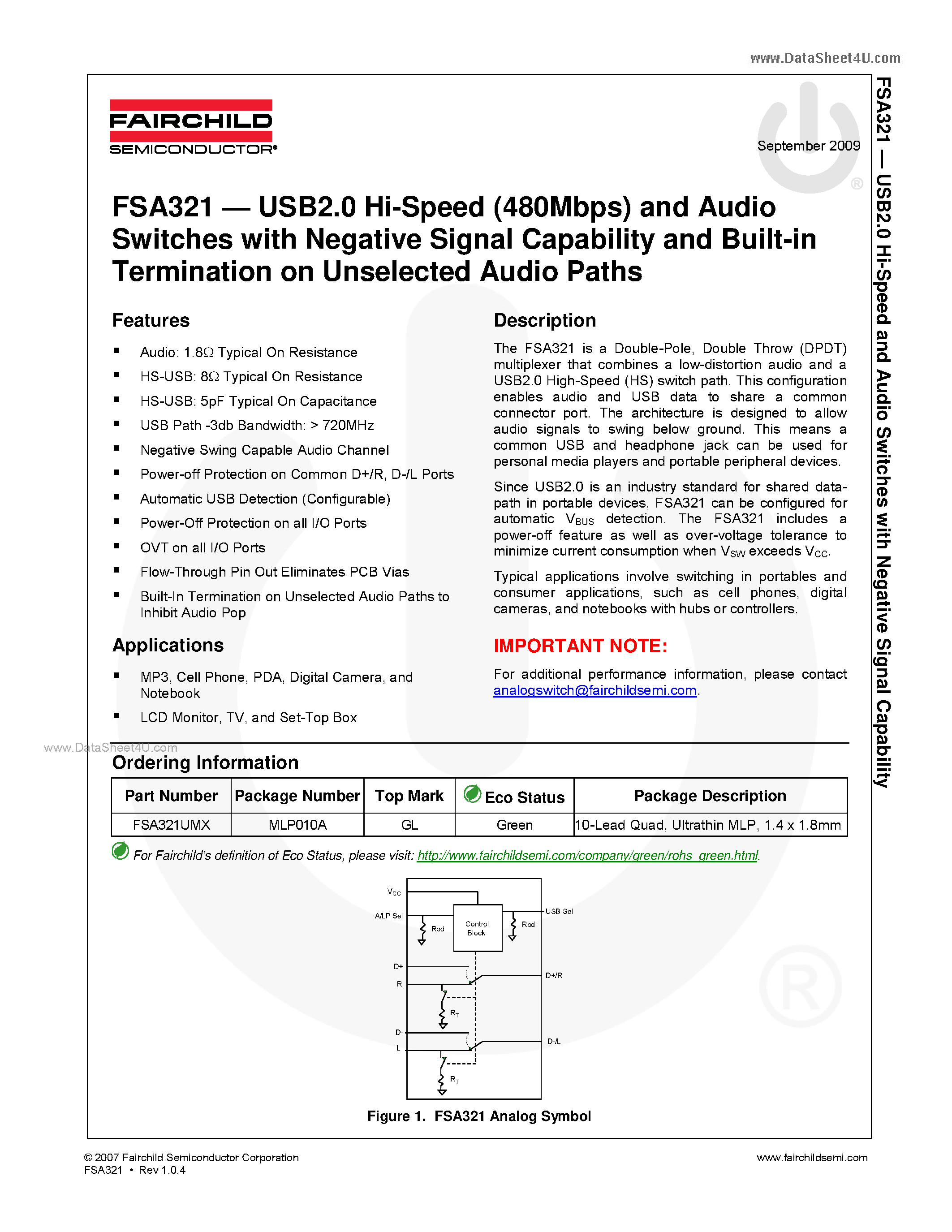 Даташит FSA321 - USB2.0 Hi-Speed (480Mbps) and Audio Switches страница 1