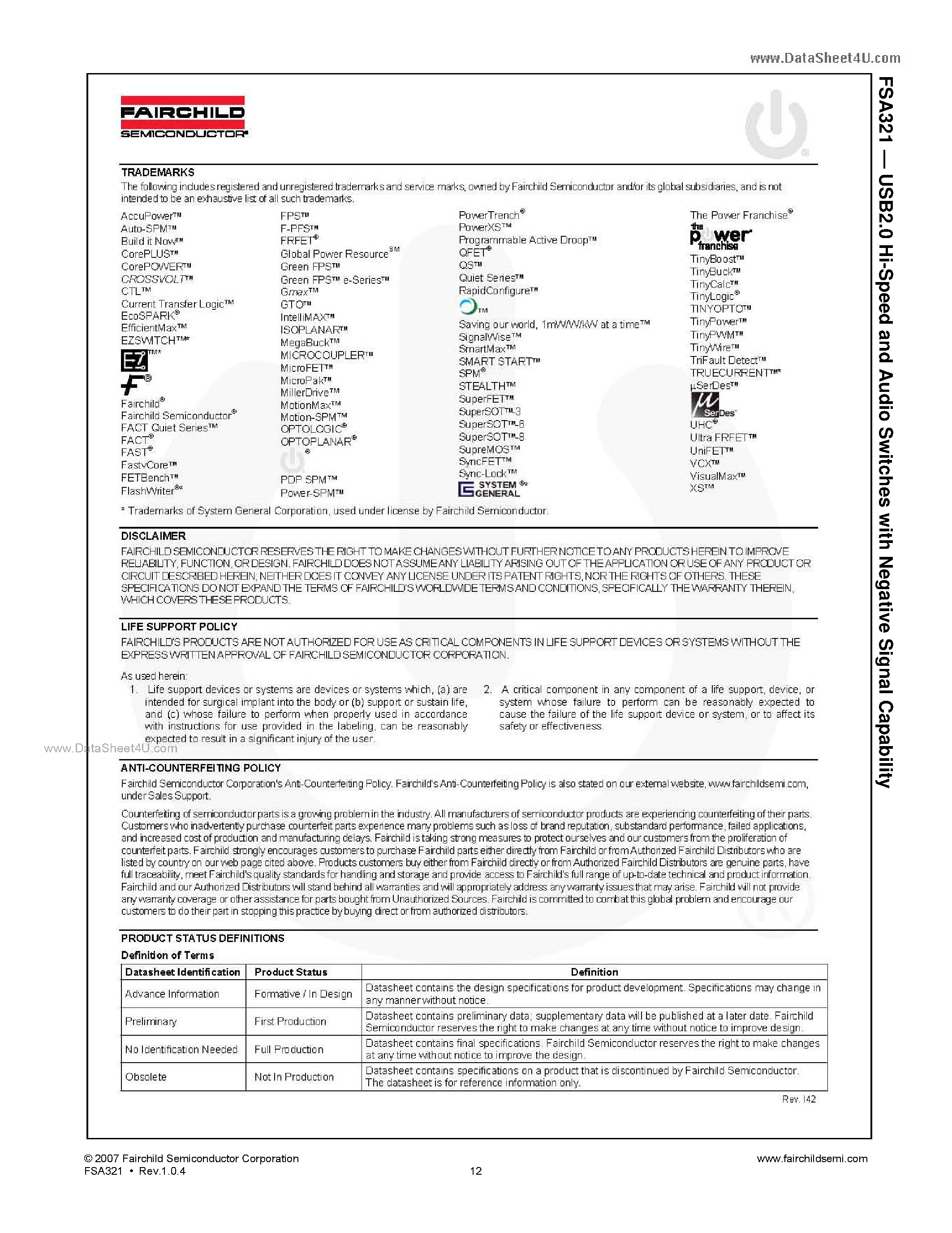 Даташит FSA321 - USB2.0 Hi-Speed (480Mbps) and Audio Switches страница 2