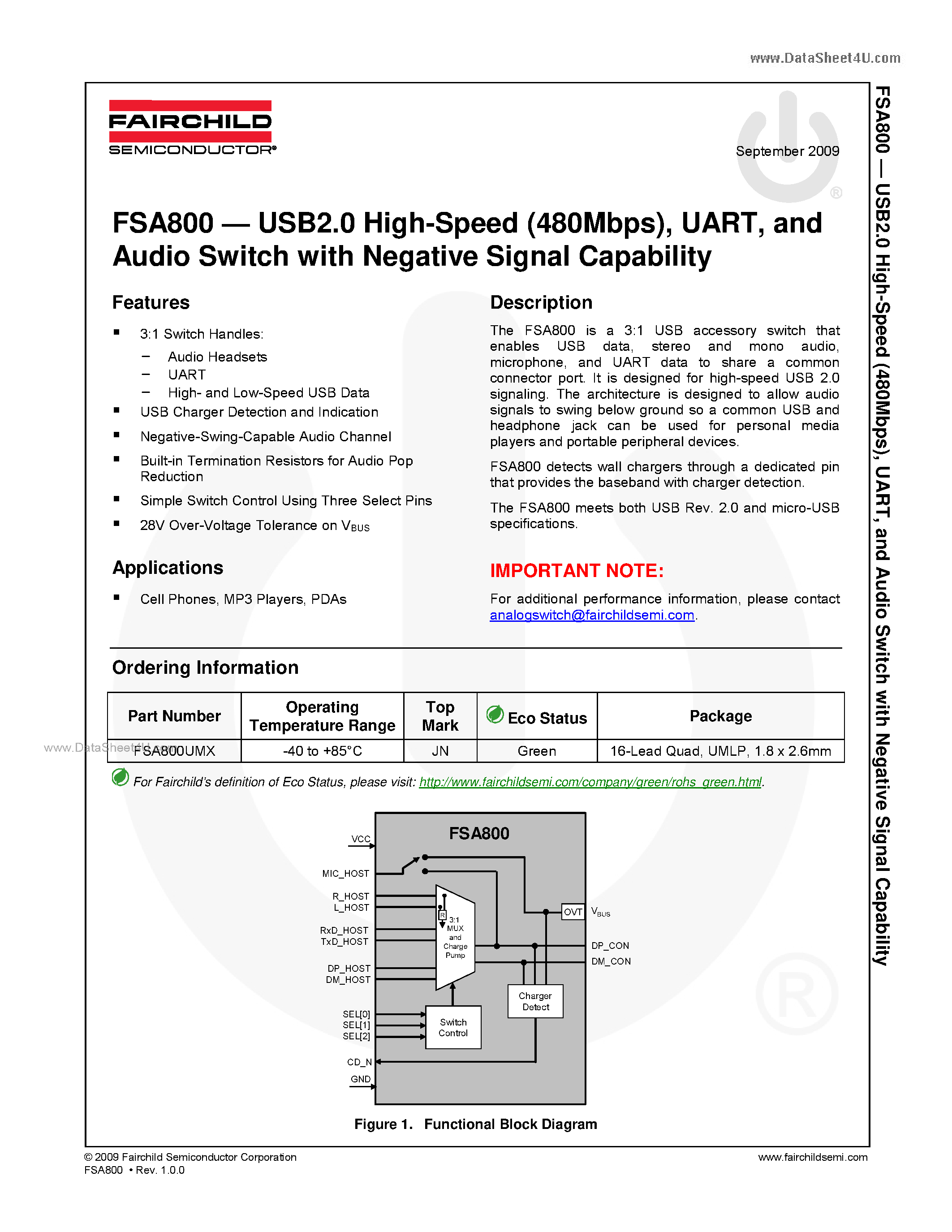 Datasheet FSA800 page 1 Datasheet FSA800 - USB2.0 High-Speed page 1