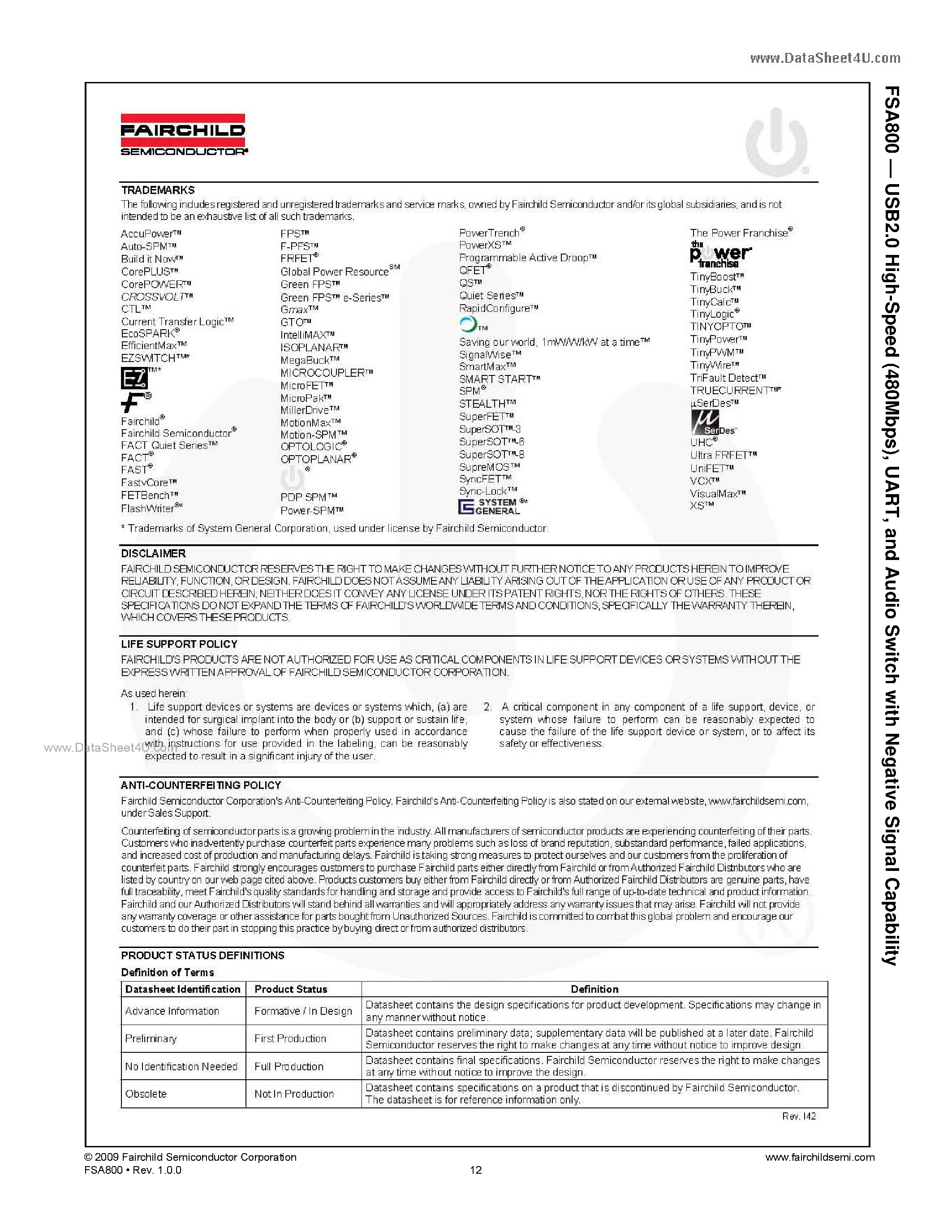Datasheet FSA800 page 2 Datasheet FSA800 - USB2.0 High-Speed page 2