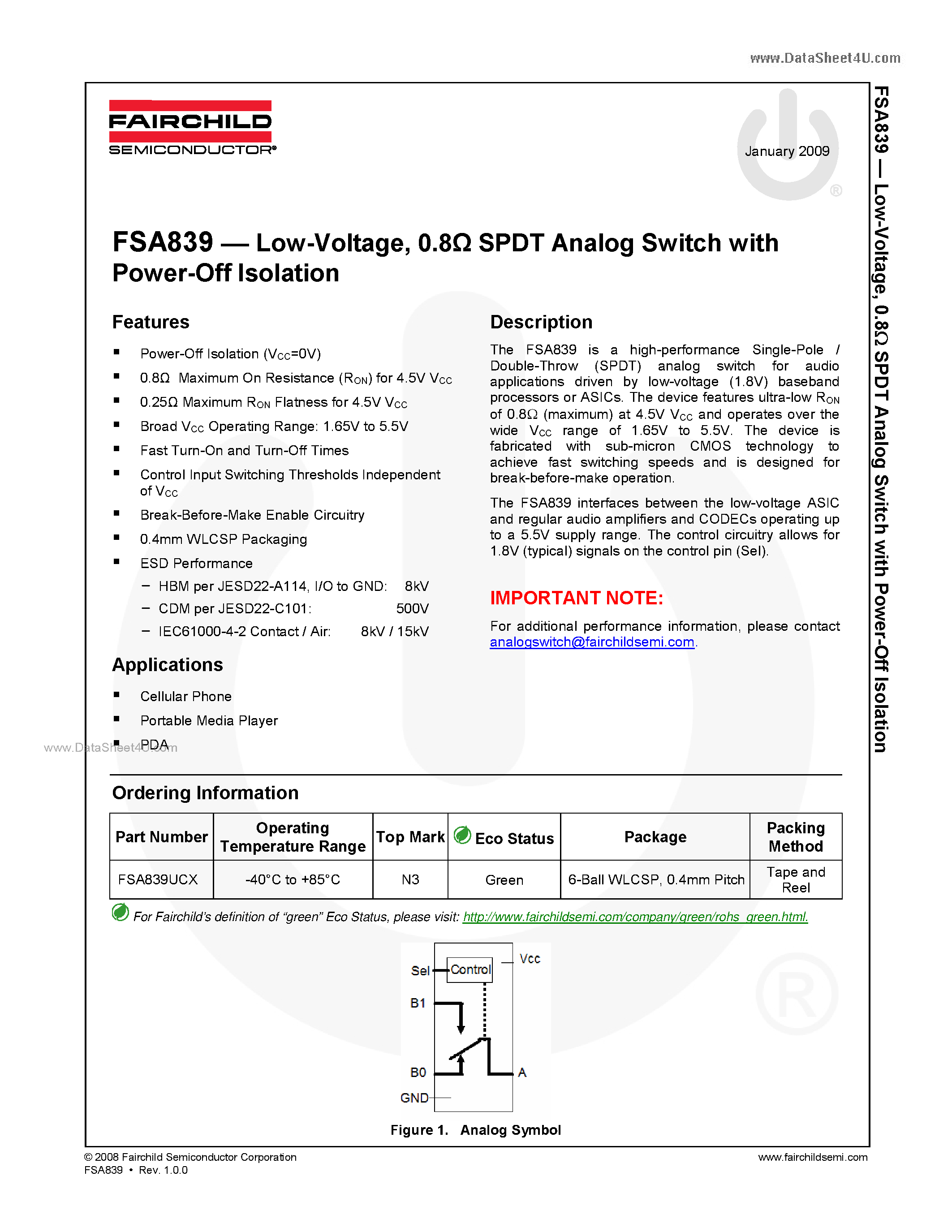 Даташит FSA839 - SPDT Analog Switch страница 1
