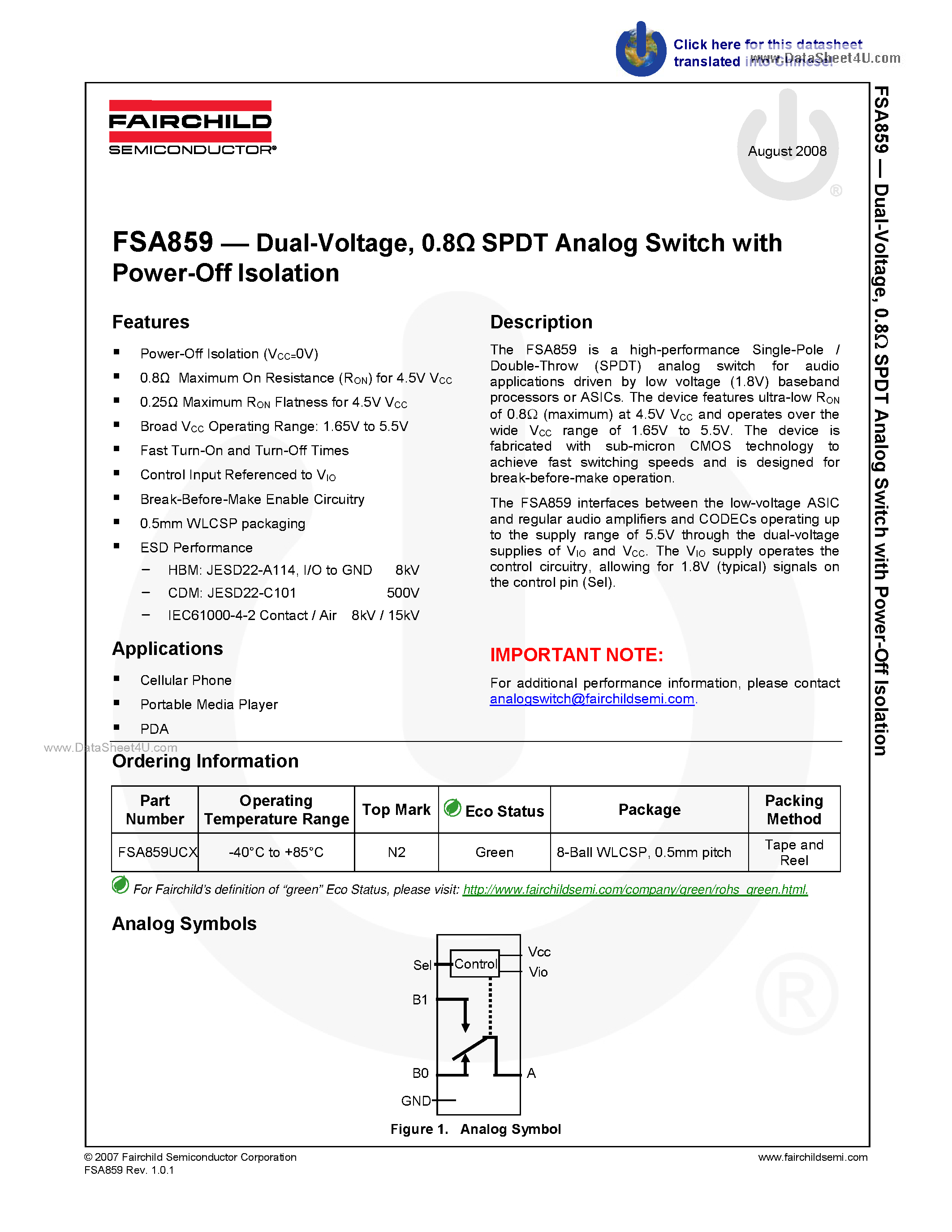Даташит FSA859 - SPDT Analog Switch страница 1