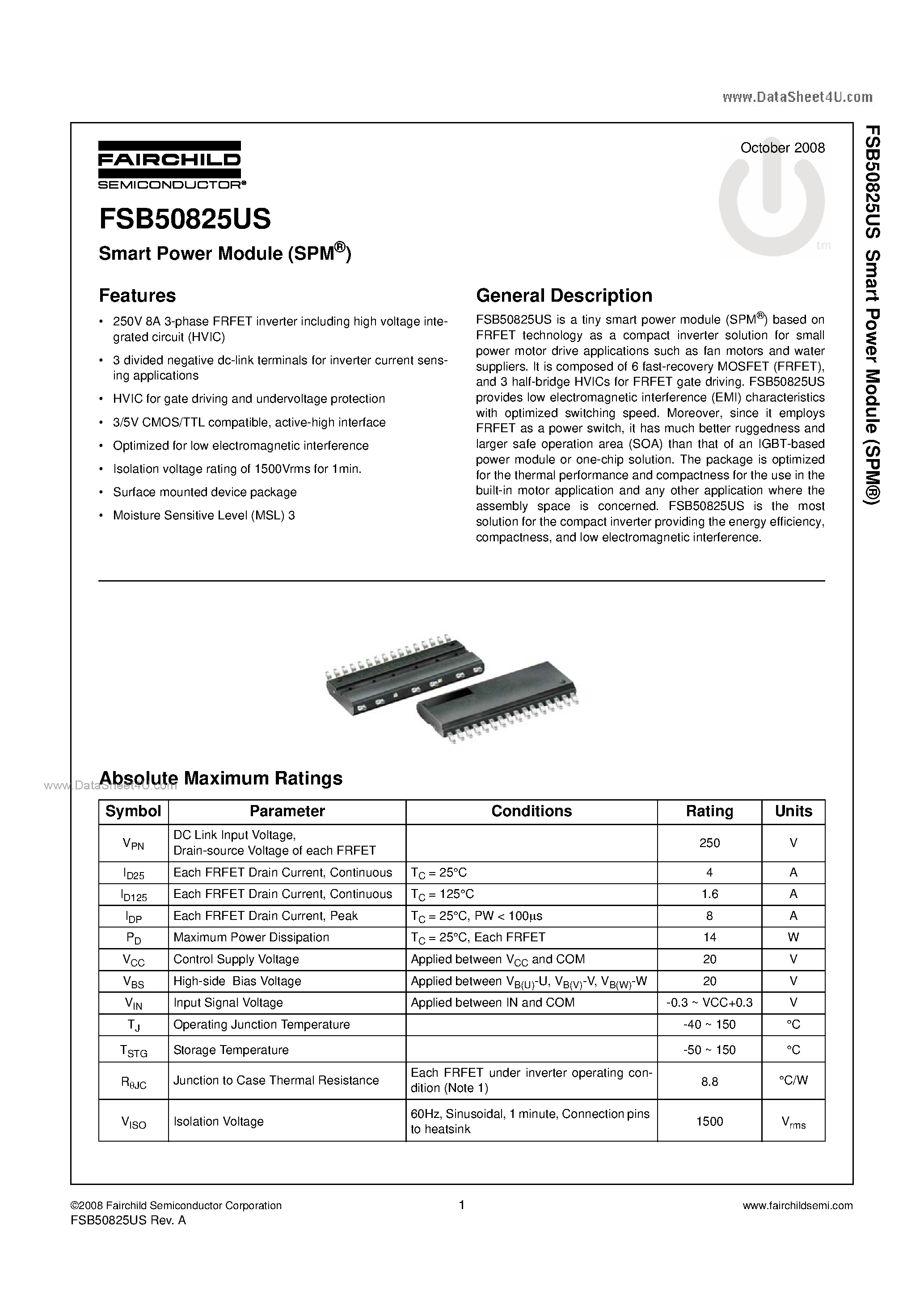 Даташит на микросхему FSB50825US страница 1 Даташит FSB50825US - Smart Power Module страница 1