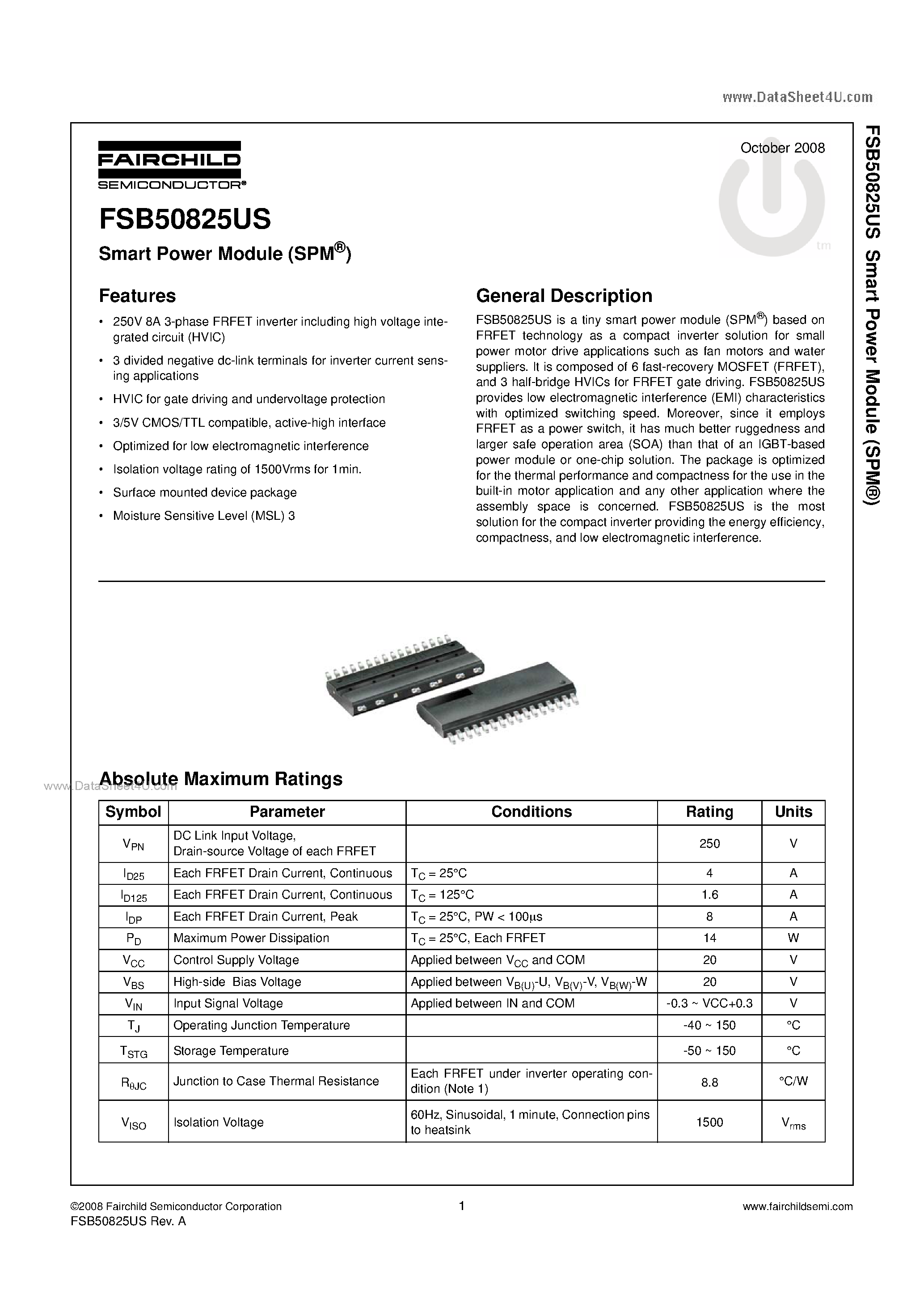 Даташит FSB50825US - Smart Power Module страница 1