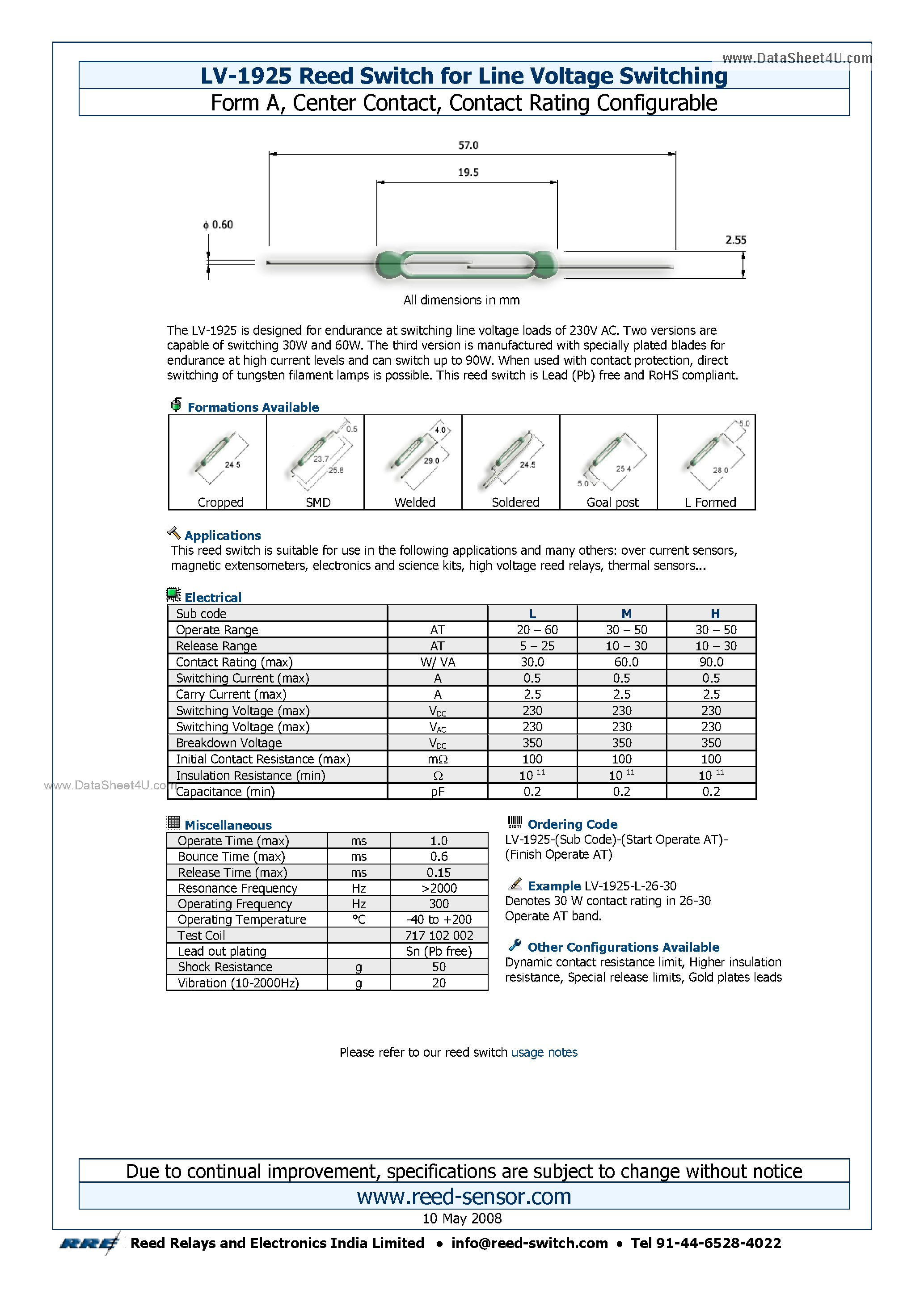 Datasheet LV-1925 page 1 Datasheet LV-1925 - Reed Switch page 1