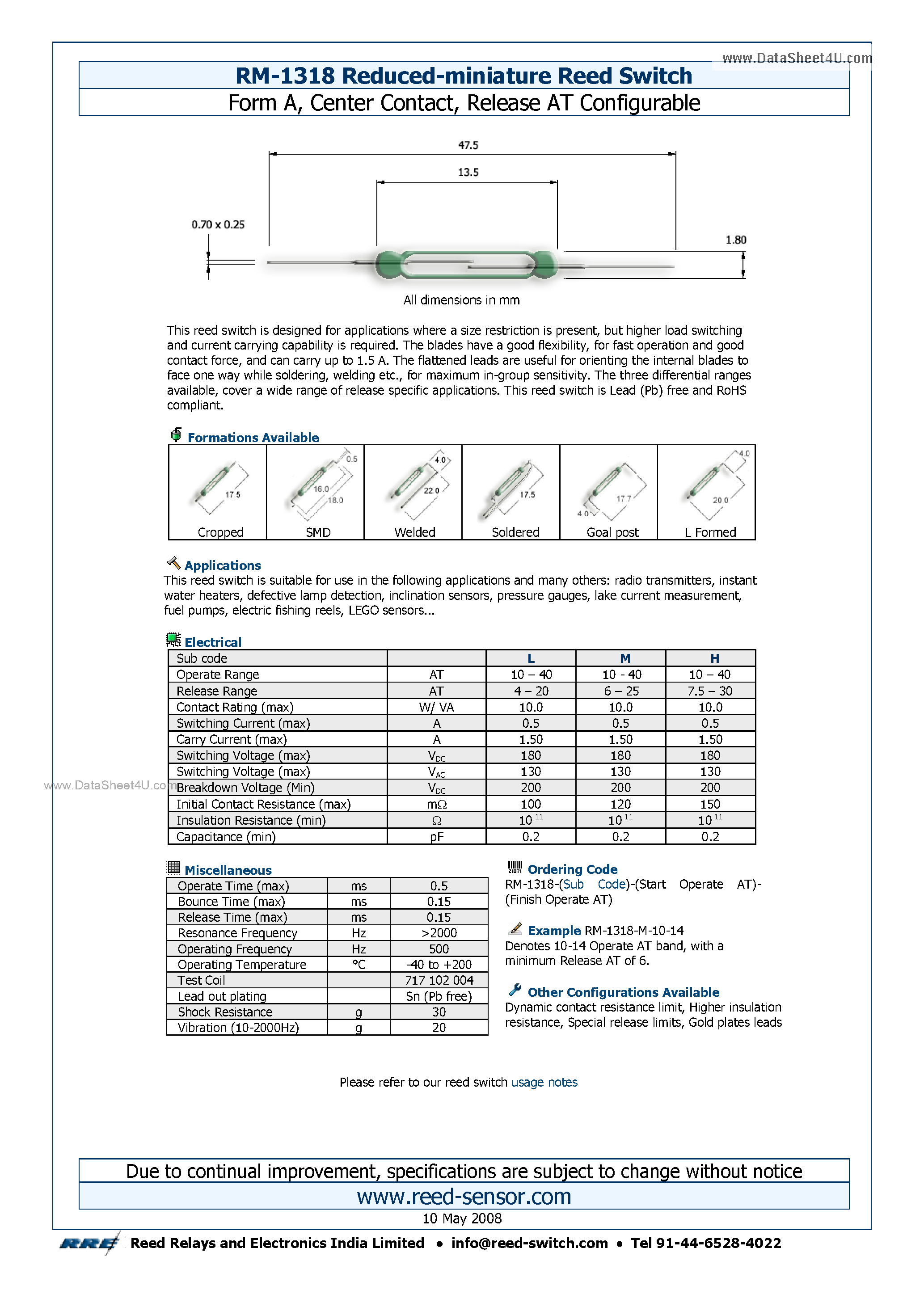 Datasheet RM-1318 page 1 Datasheet RM-1318 - Reduced-miniature Reed Switch page 1