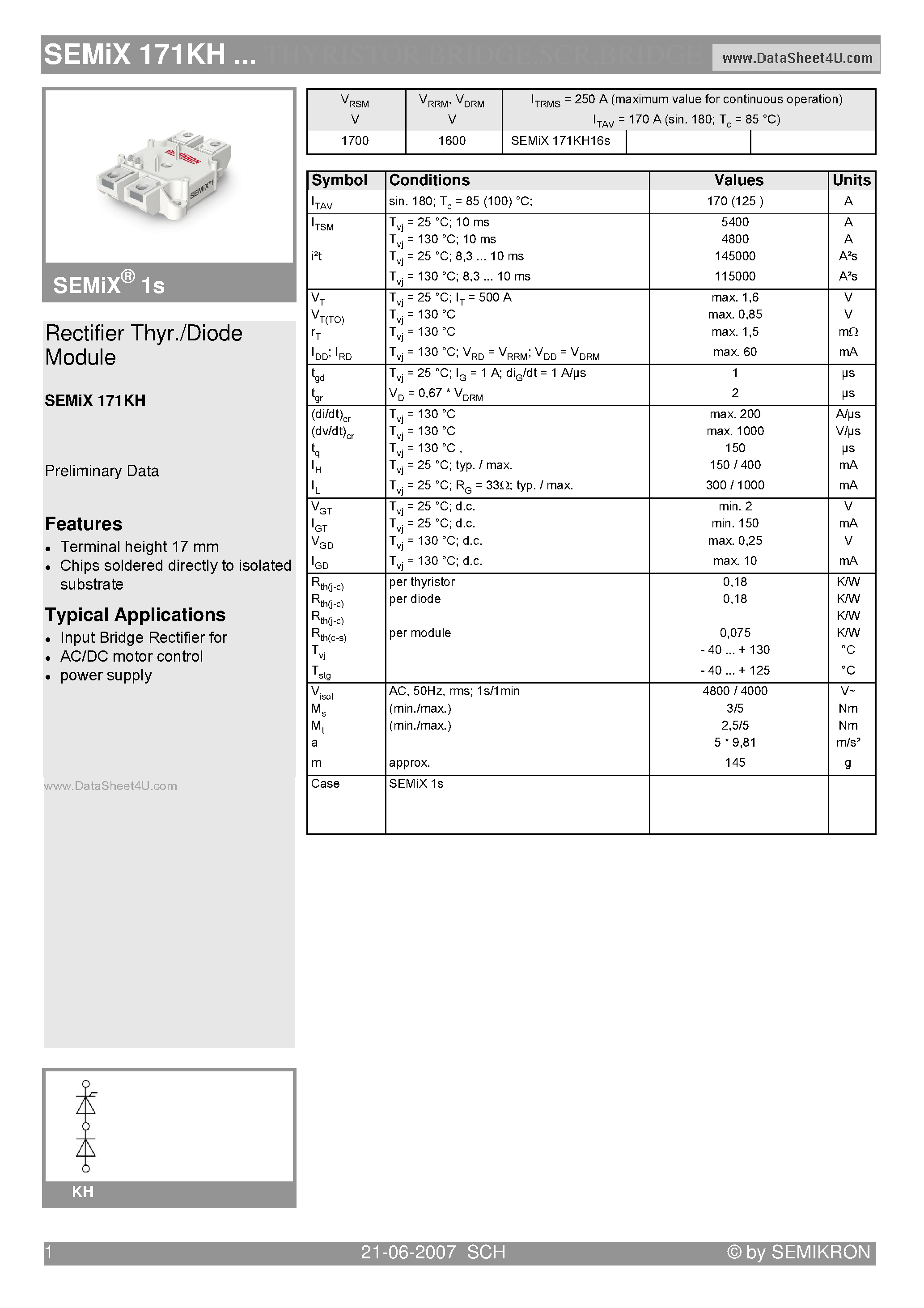 Datasheet SEMIX171KH page 1 Datasheet SEMIX171KH - Rectifier Thyr./Diode Module page 1