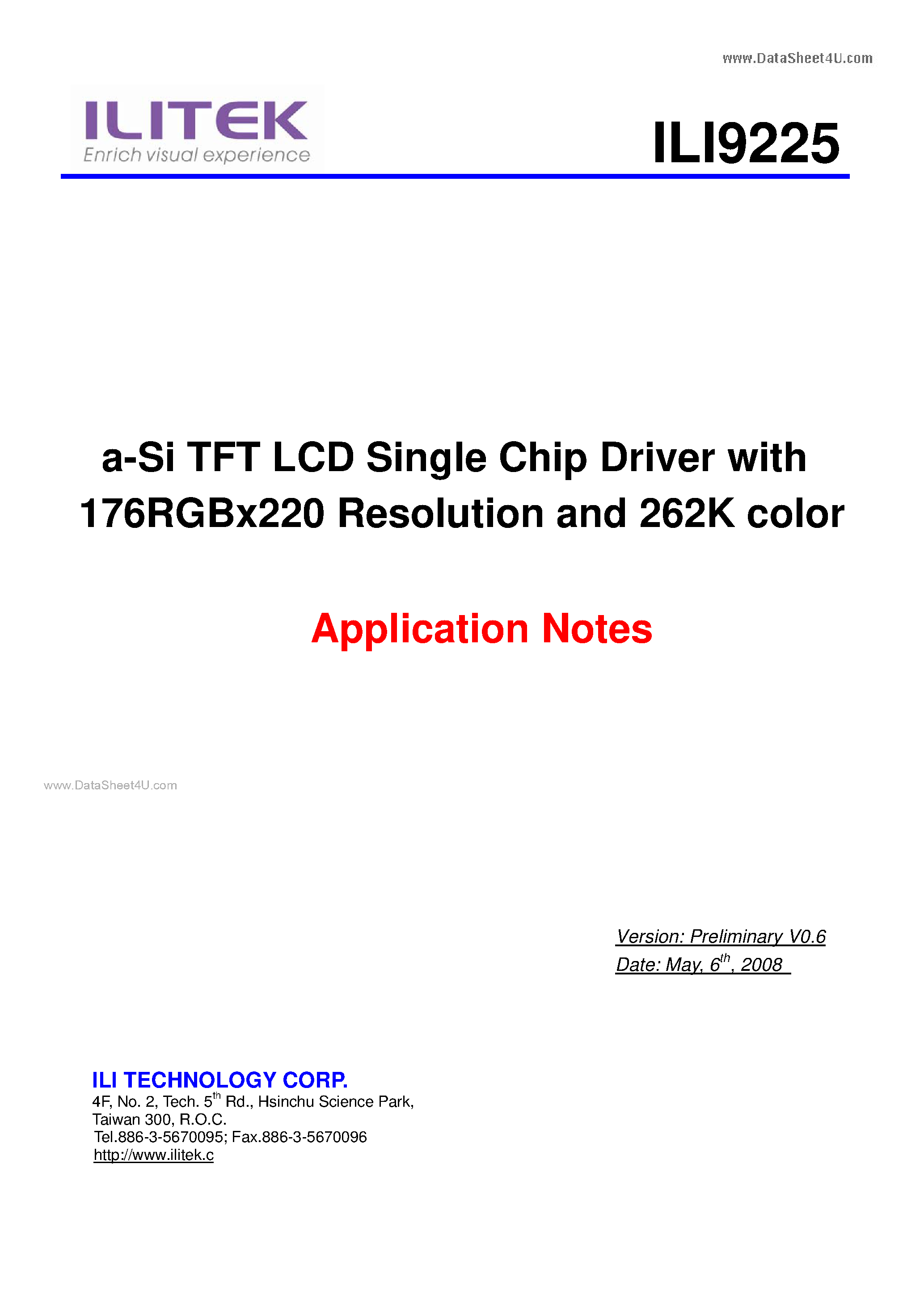 Datasheet ILI9225 page 1 Datasheet ILI9225 - a-Si TFT LCD Single Chip Driver page 1