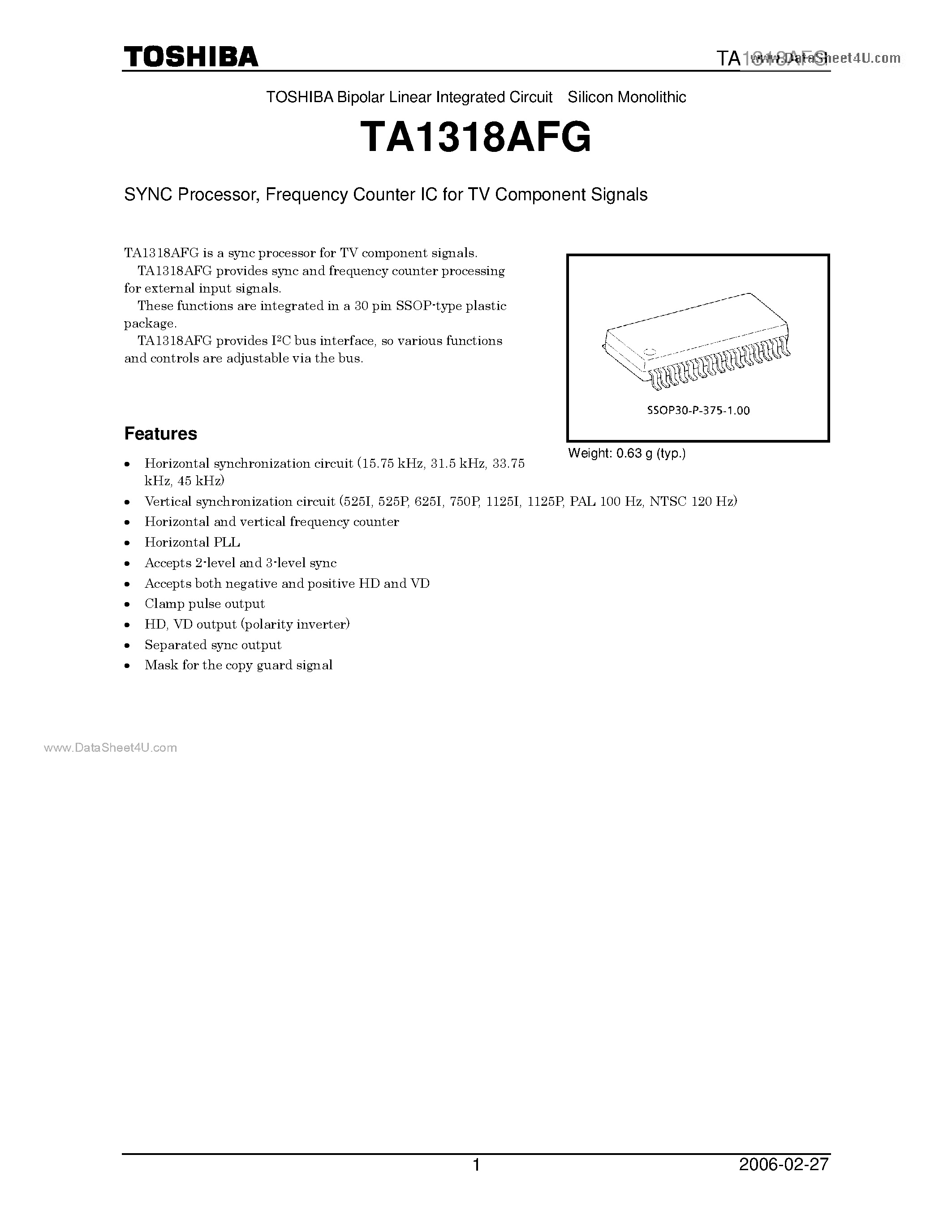Datasheet TA1318AFG - Frequency Counter IC page 1