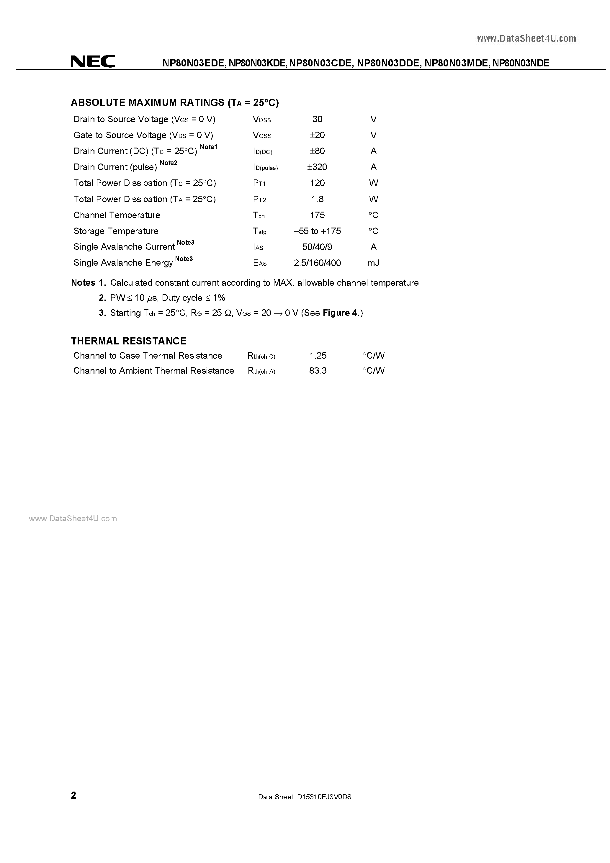 Datasheet NP80N03CDE - MOS FIELD EFFECT TRANSISTOR SWITCHING N-CHANNEL POWER MOS FET page 2