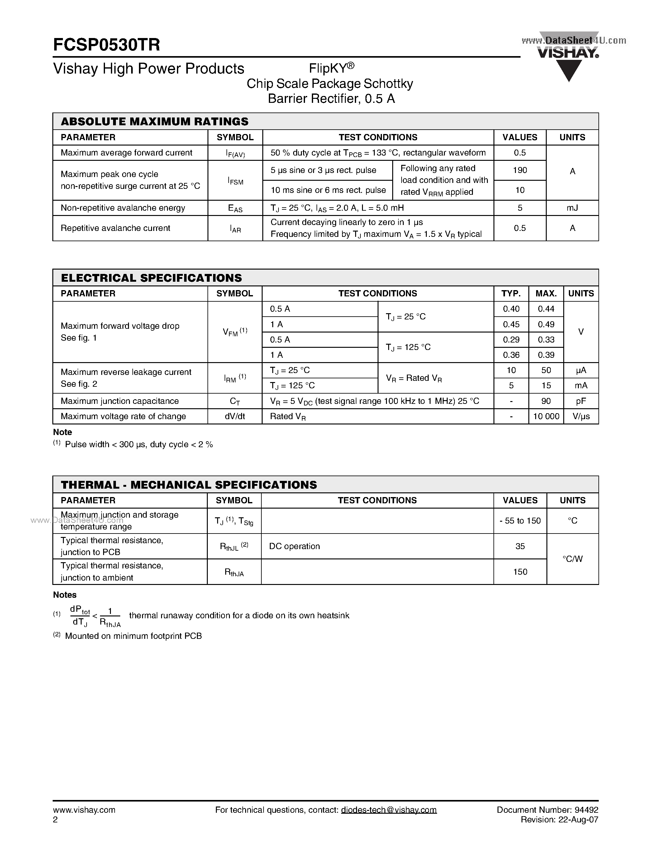 Datasheet FCSP0530TR page 2 Datasheet FCSP0530TR - Chip Scale Package Schottky Barrier Rectifier page 2