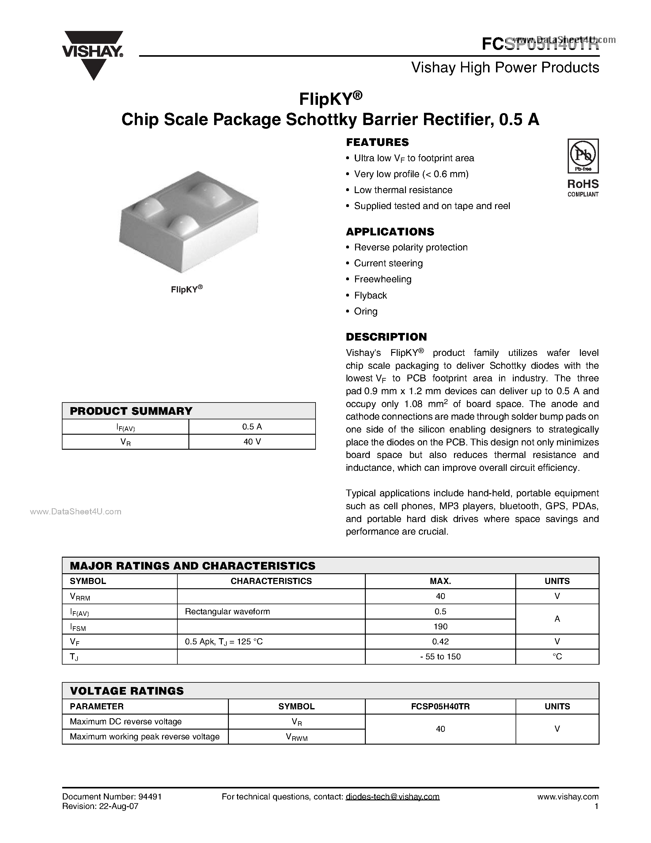 Datasheet FCSP05H40TR page 1 Datasheet FCSP05H40TR - Chip Scale Package Schottky Barrier Rectifier page 1