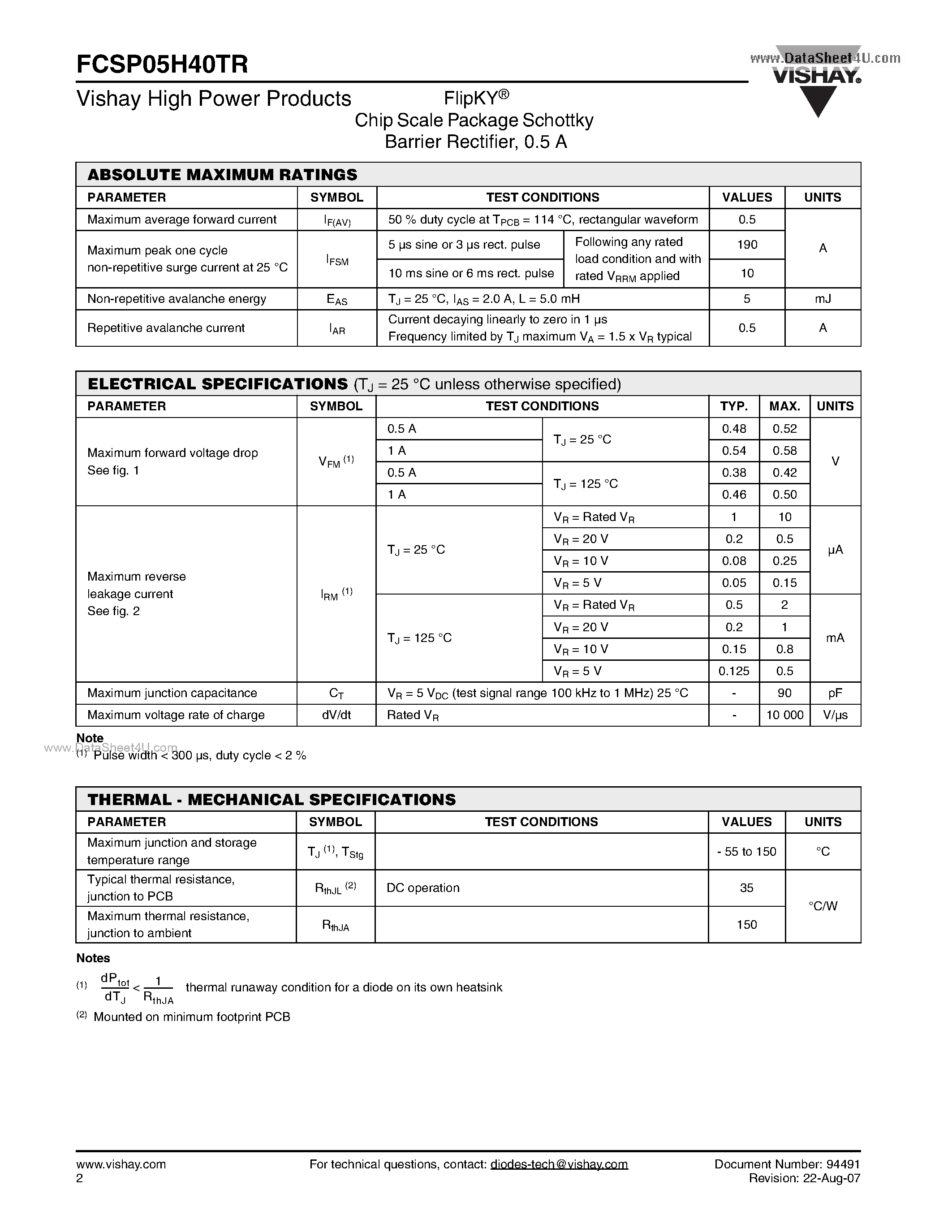 Datasheet FCSP05H40TR page 2 Datasheet FCSP05H40TR - Chip Scale Package Schottky Barrier Rectifier page 2