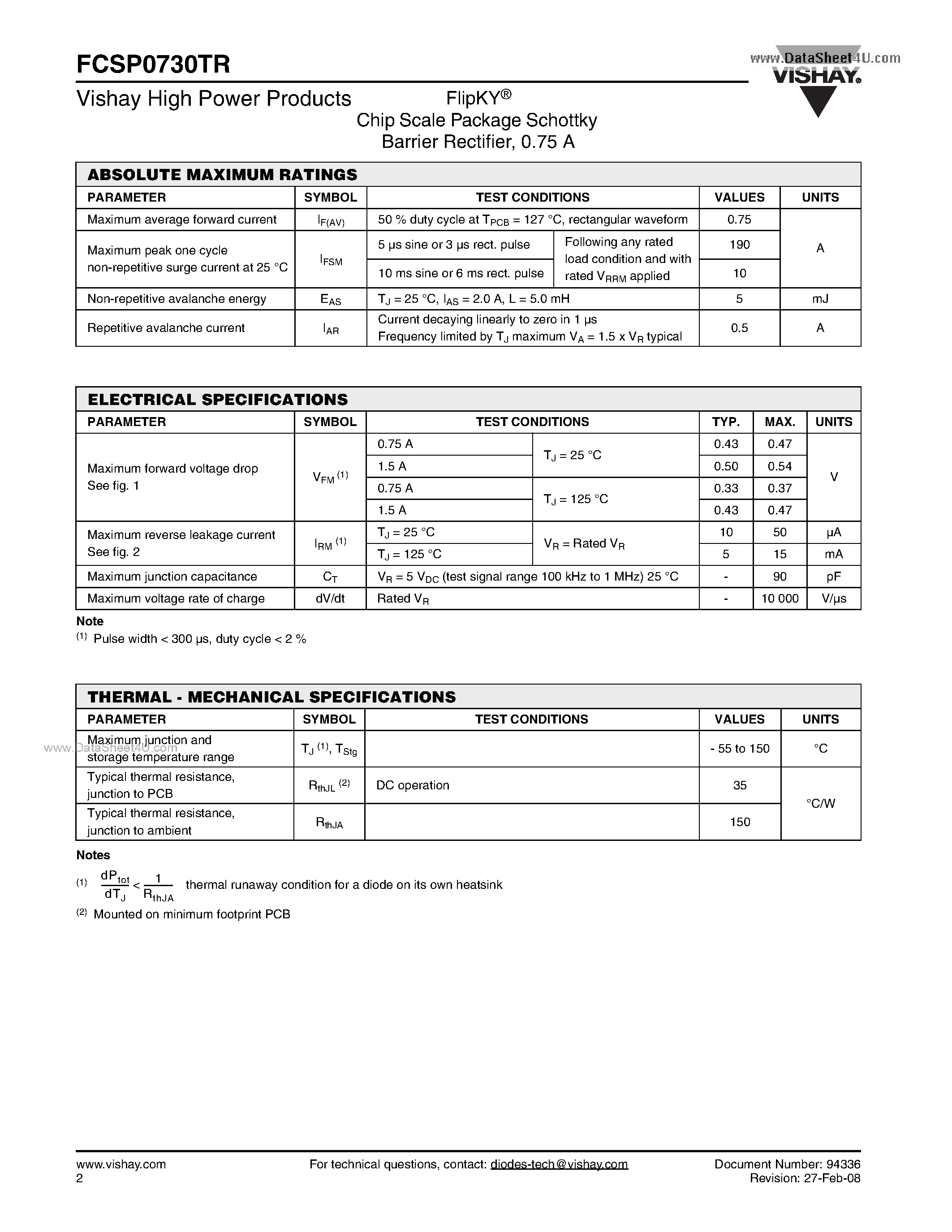 Datasheet FCSP0730TR page 2 Datasheet FCSP0730TR - Chip Scale Package Schottky Barrier Rectifier page 2