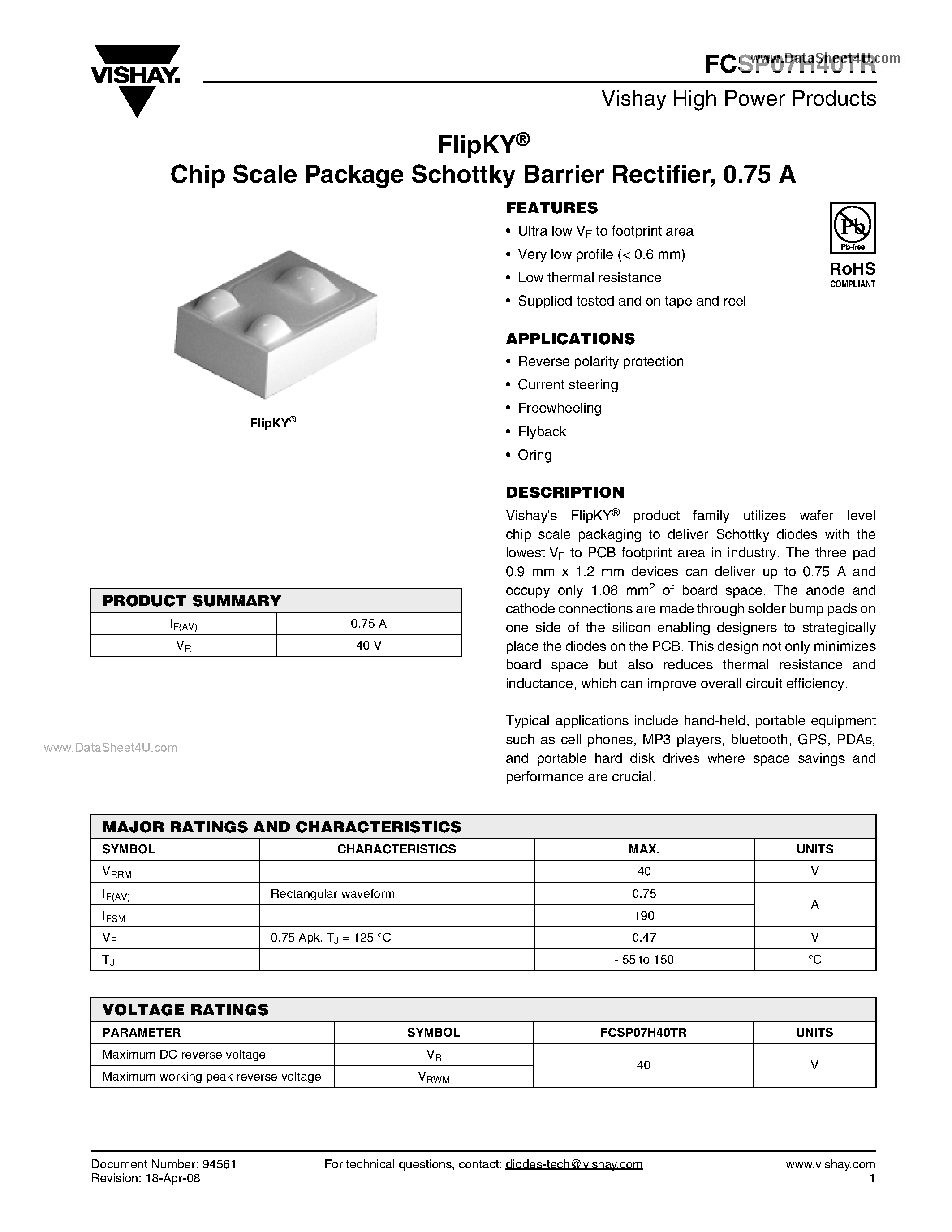 Datasheet FCSP07H40TR page 1 Datasheet FCSP07H40TR - Chip Scale Package Schottky Barrier Rectifier page 1