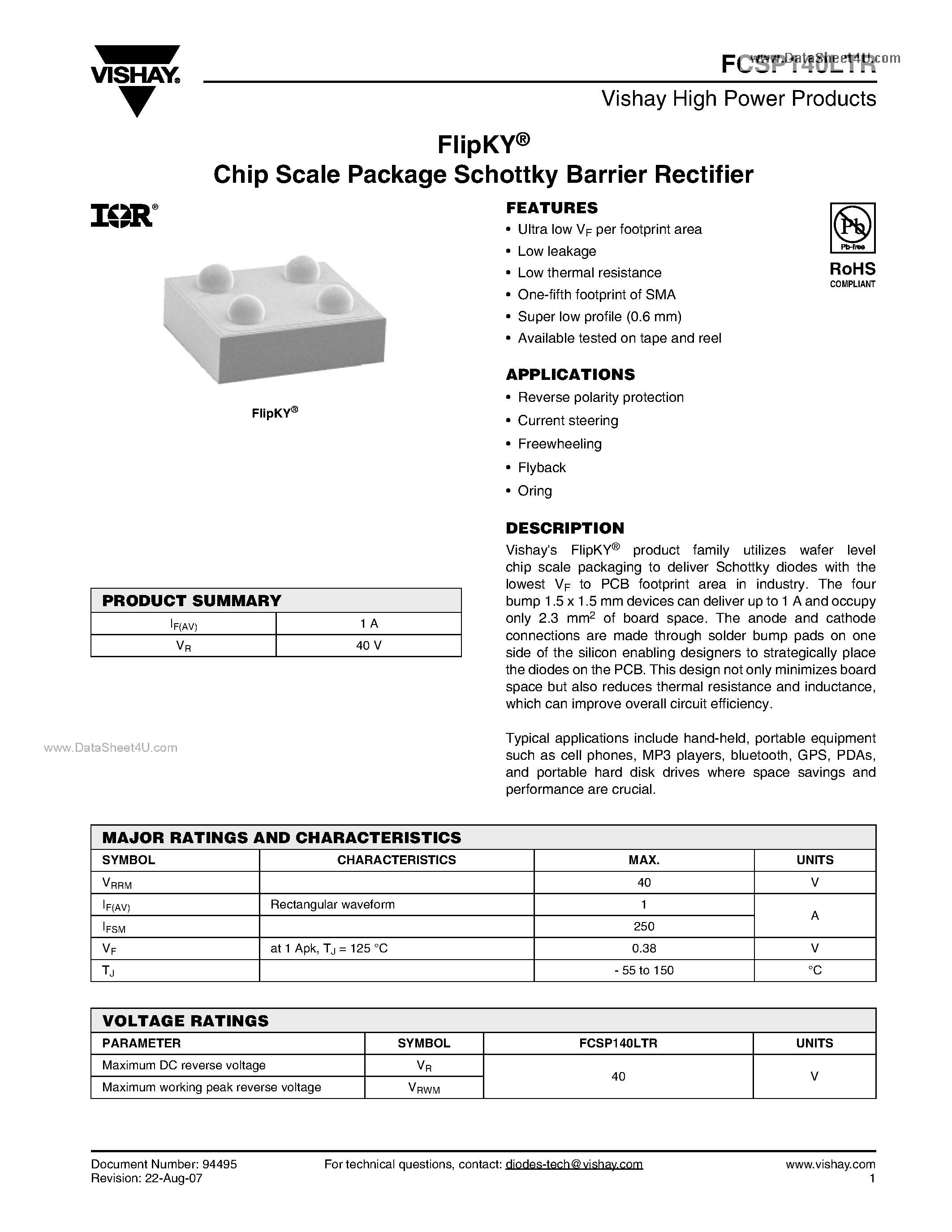 Datasheet FCSP140LTR page 1 Datasheet FCSP140LTR - Chip Scale Package Schottky Barrier Rectifier page 1