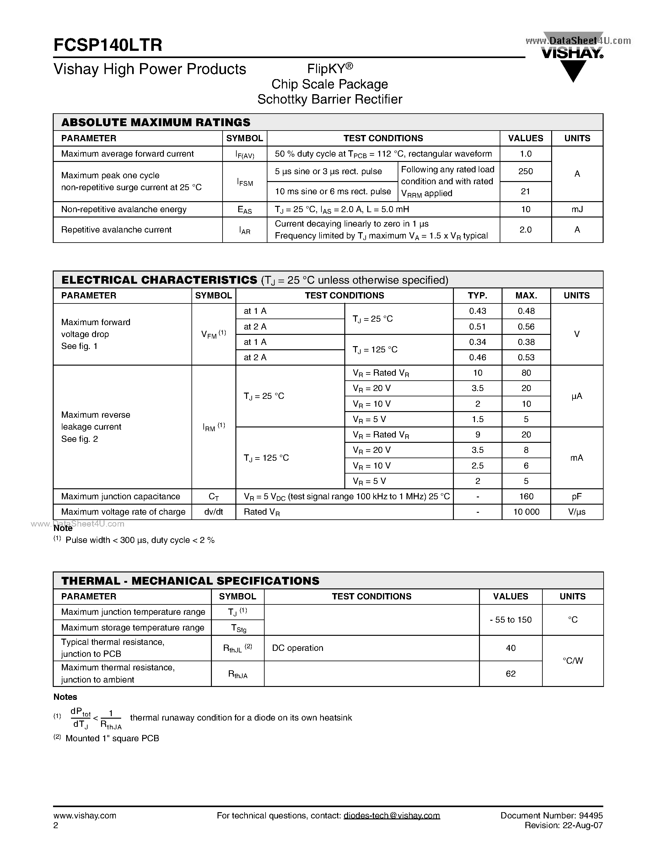 Datasheet FCSP140LTR page 2 Datasheet FCSP140LTR - Chip Scale Package Schottky Barrier Rectifier page 2