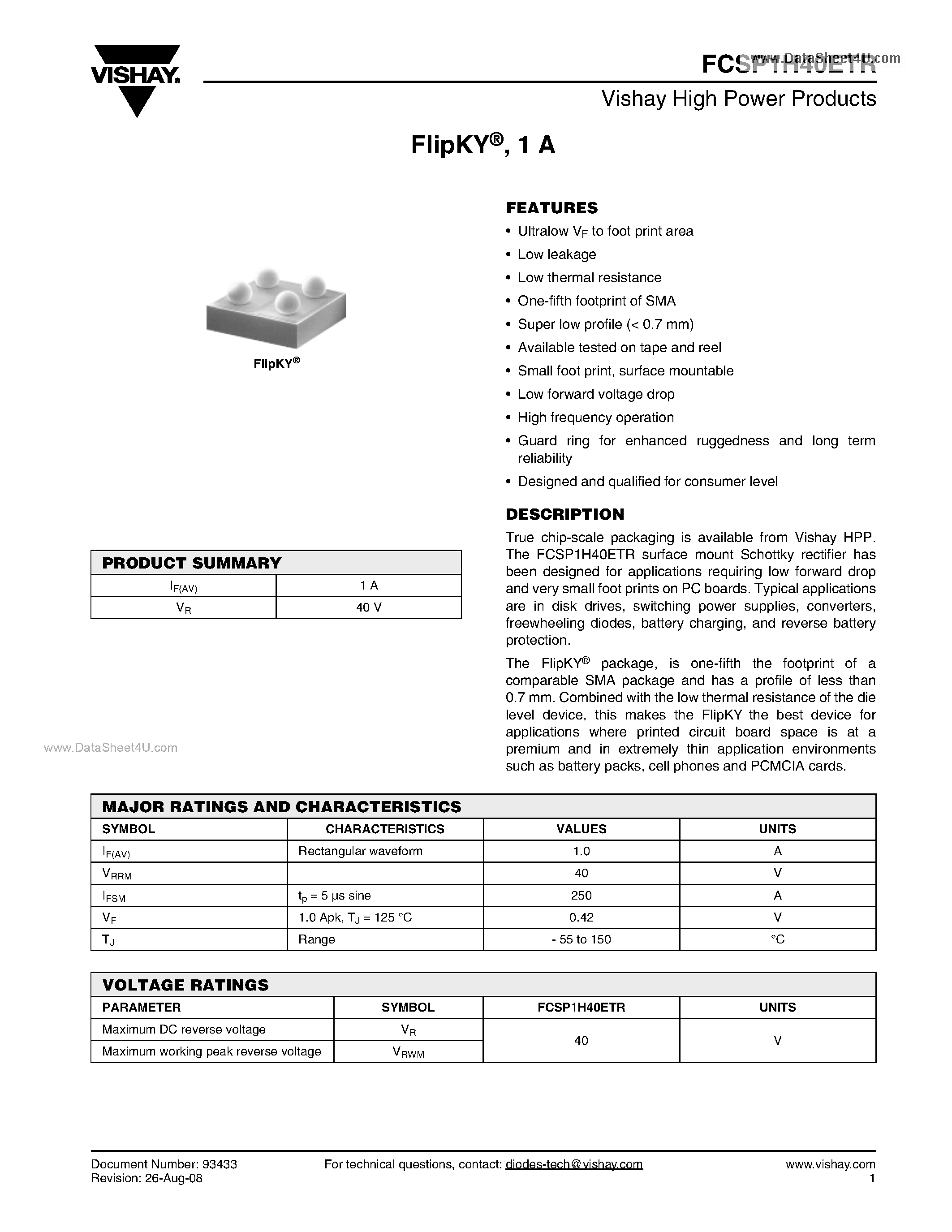 Datasheet FCSP1H40ETR page 1 Datasheet FCSP1H40ETR - Chip Scale Package Schottky Barrier Rectifier page 1