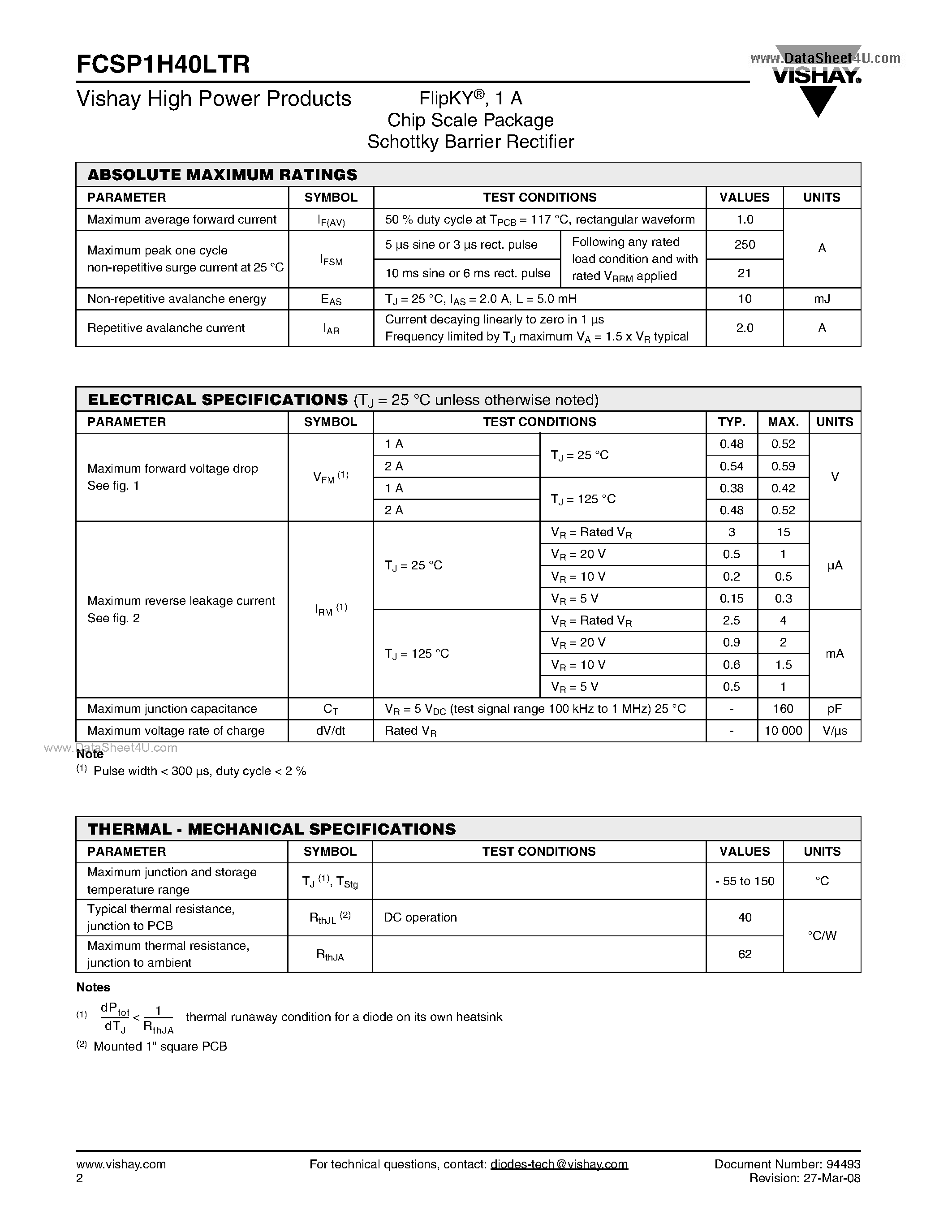 Datasheet FCSP1H40LTR page 2 Datasheet FCSP1H40LTR - Chip Scale Package Schottky Barrier Rectifier page 2