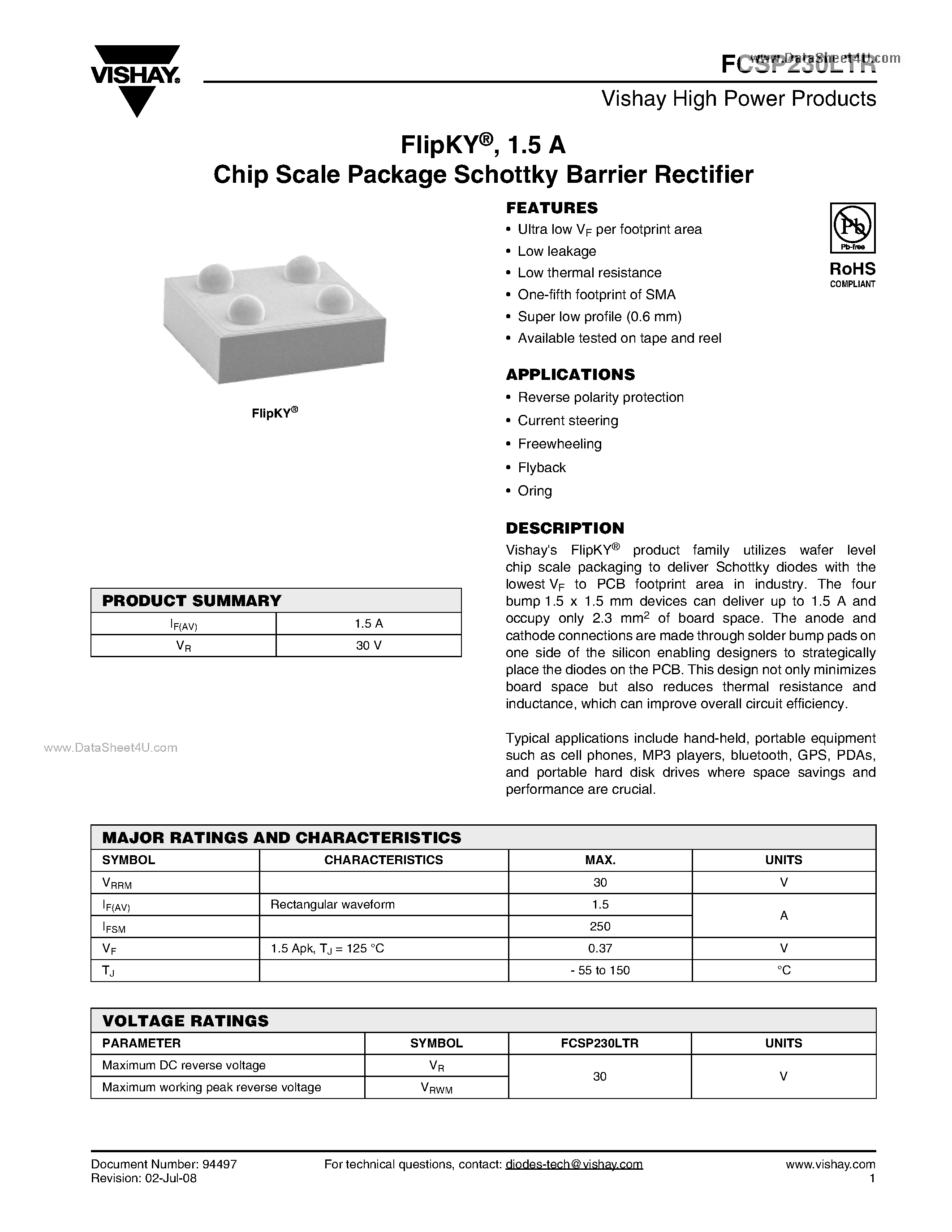Datasheet FCSP230LTR page 1 Datasheet FCSP230LTR - Chip Scale Package Schottky Barrier Rectifier page 1