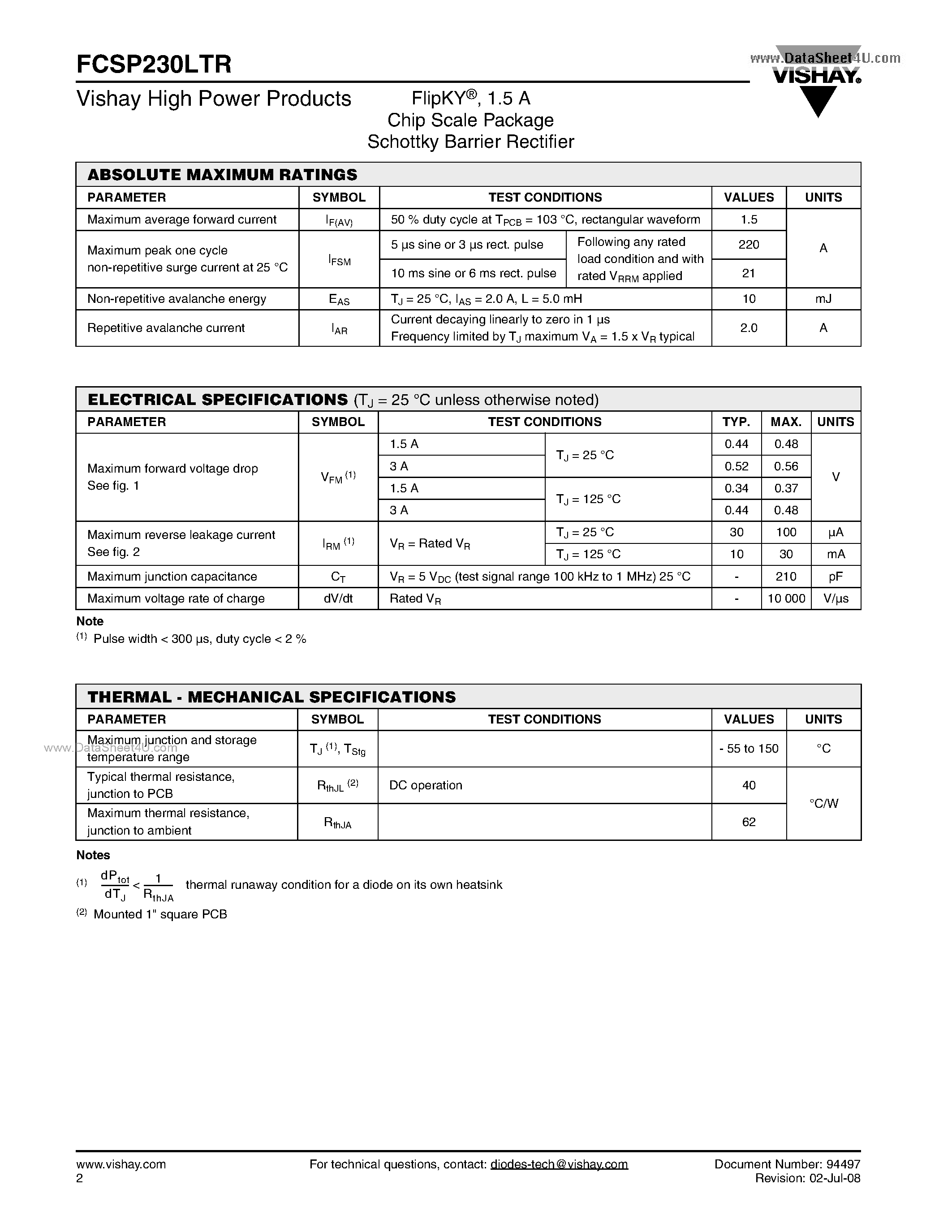 Datasheet FCSP230LTR page 2 Datasheet FCSP230LTR - Chip Scale Package Schottky Barrier Rectifier page 2