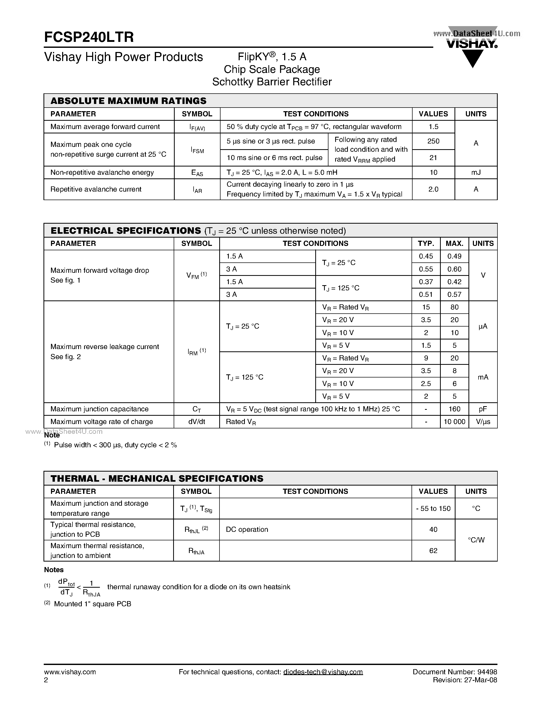 Datasheet FCSP240LTR - Chip Scale Package Schottky Barrier Rectifier page 2